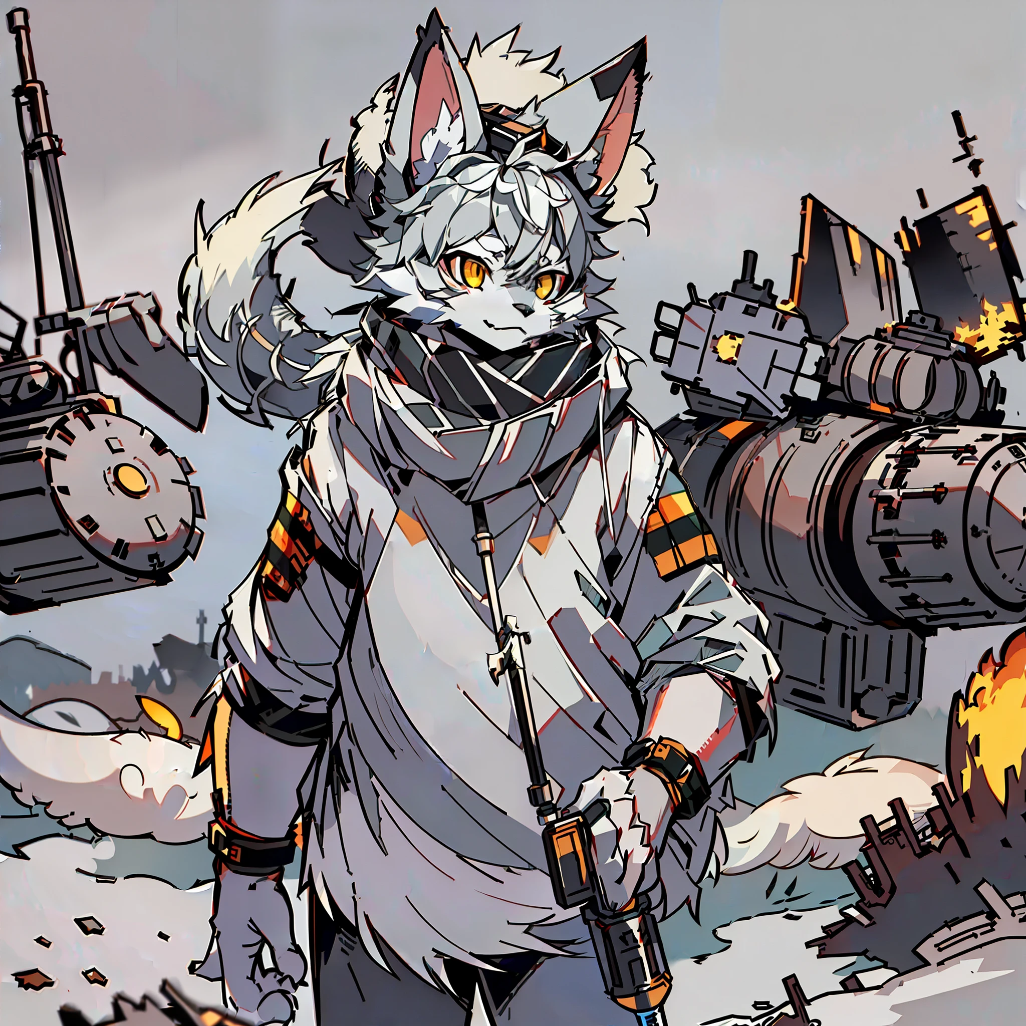 (Best Quality), (Masterpiece), ((Solitary))(Ultra Detailed), (Furry), (Male Arctic Fox: 1.5), (Gray Fur: 1.3), (Fluffy Tail: 1.2), (Golden Eyes), (Sharp Claws), (Gray Ears), (Serious Look), Sharp Focus, (Furry Feeling of Animal Ears), ((((Special Forces))), (Holding a Rifle)))), (((Standing next to a Destroyed Tank))