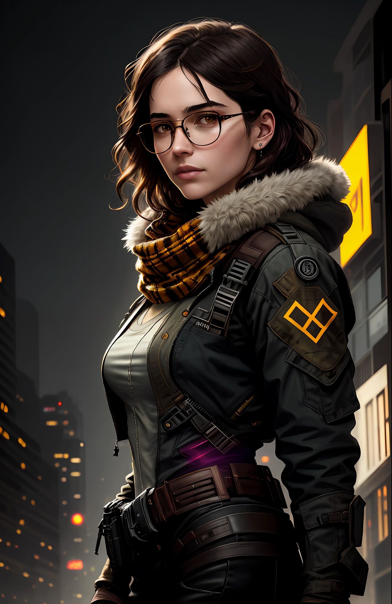 (dark photo: 1.1), realistic epic, halo portrait, eyeglasses, brown eyes, plaid scarf, curly brown hair by Atey Ghailan, by Greg Rutkowski, by Greg Tocchini, by James Gilleard, by Joe Fenton, by Kaethe Butcher, yellow gradient, black, brown and magenta color scheme, grunge aesthetic!! Graffiti brand wall background, art by Greg Rutkowski and Artgerm, soft cinematic light, Adobe Lightroom, Photo Lab, HDR, intricate, highly detailed, (depth of field: 1.4), faded, (neutral colors: 1.2), (HDR: 1.4), (soft colors:1.2), hyperdetailed, (Artstation:1.4), cinematic, warm lights, dramatic light, (intricate details:1.1), complex background, (Rutkowski:0.66), (blue and orange:0.4)