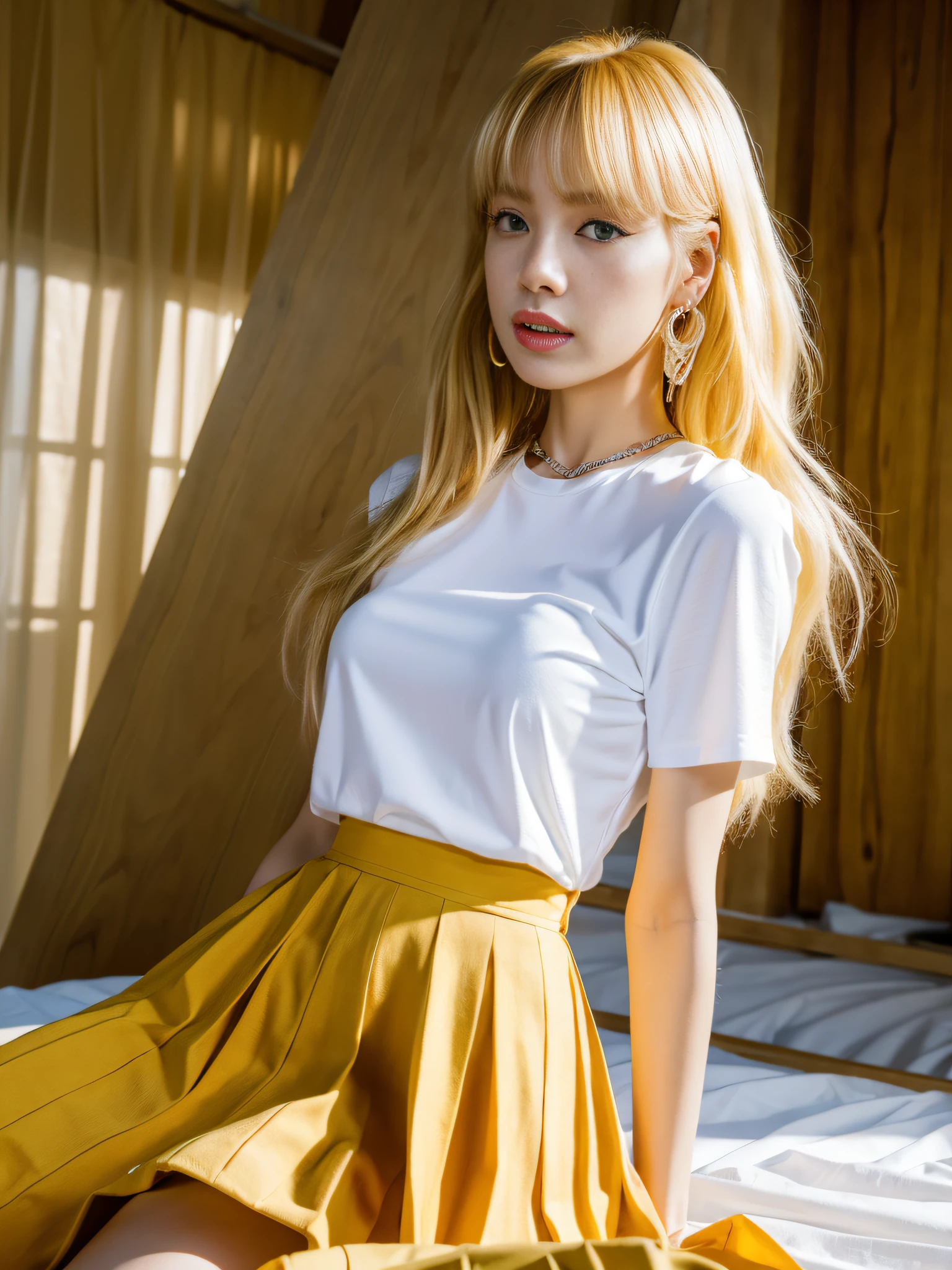 Lisa yellow hair, Lisa face, with earrings, wearing white T-shirt, open waist, pleated skirt, long legs, masterpiece, superlative, realistic, HD, photography lighting, 16k
