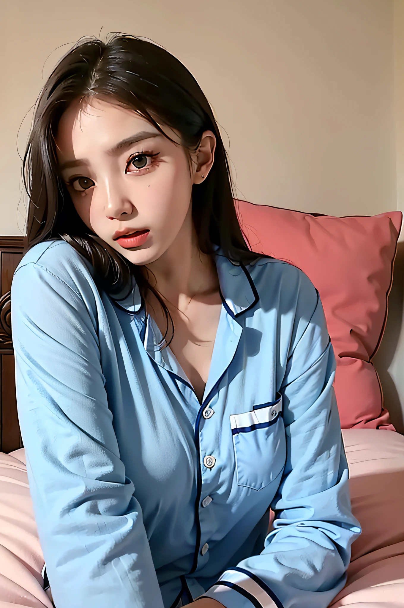 High image quality, woman alone, lying on bed, surprised look, sexy pajamas