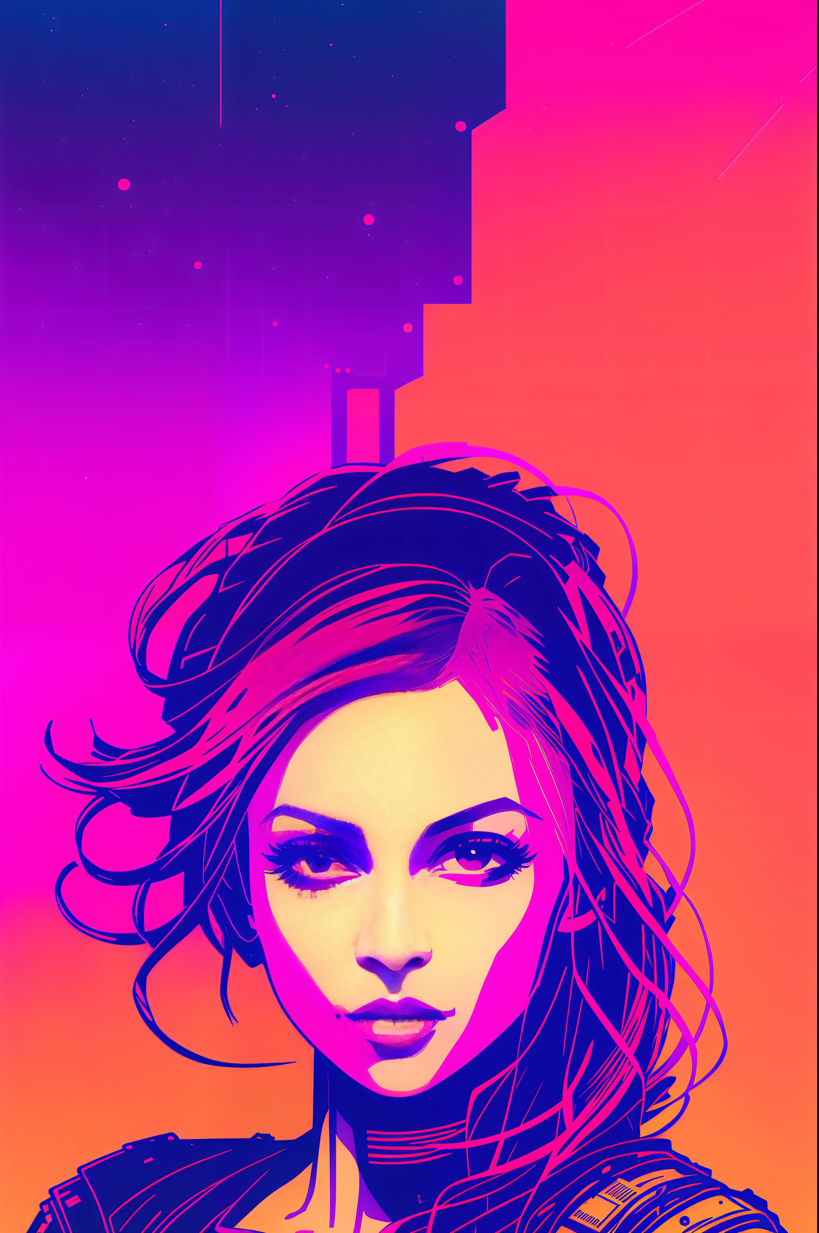 (nvinkpunk: 1.2) (synth wave style: 0.8) Beautiful ite girl head, light wave, sunset, intricate, highly detailed, edge light