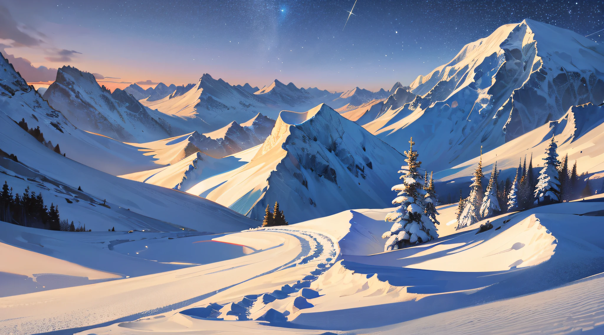 (best illustration: 1.2, master level), best quality, snow, nature, Changbai Mountain, extremely realistic snow cover, unique pure beauty of snow scenes, light snowfall, clear blue sky, starry sky behind the sun, low temperature and cold. --auto --s2