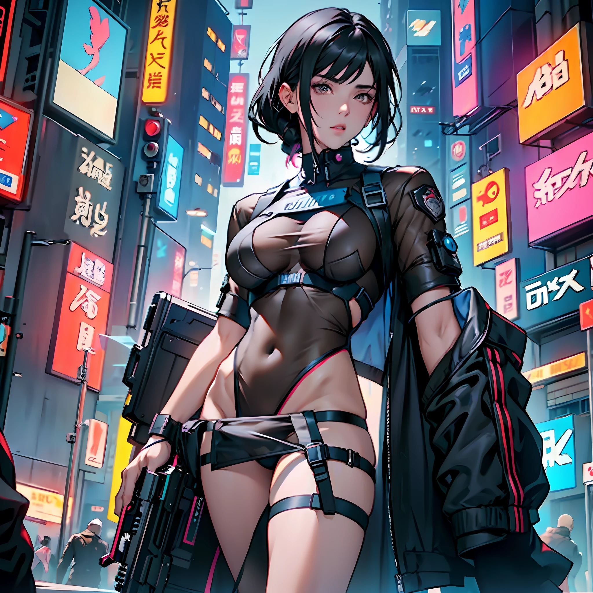 Cyberpunk girl, policeman, holding a firearm, black hair, showing chest, with delicate skin, chest clothing transparent, revealing large areas of skin, revealing legs, revealing crotch, clothes transparent, provocative