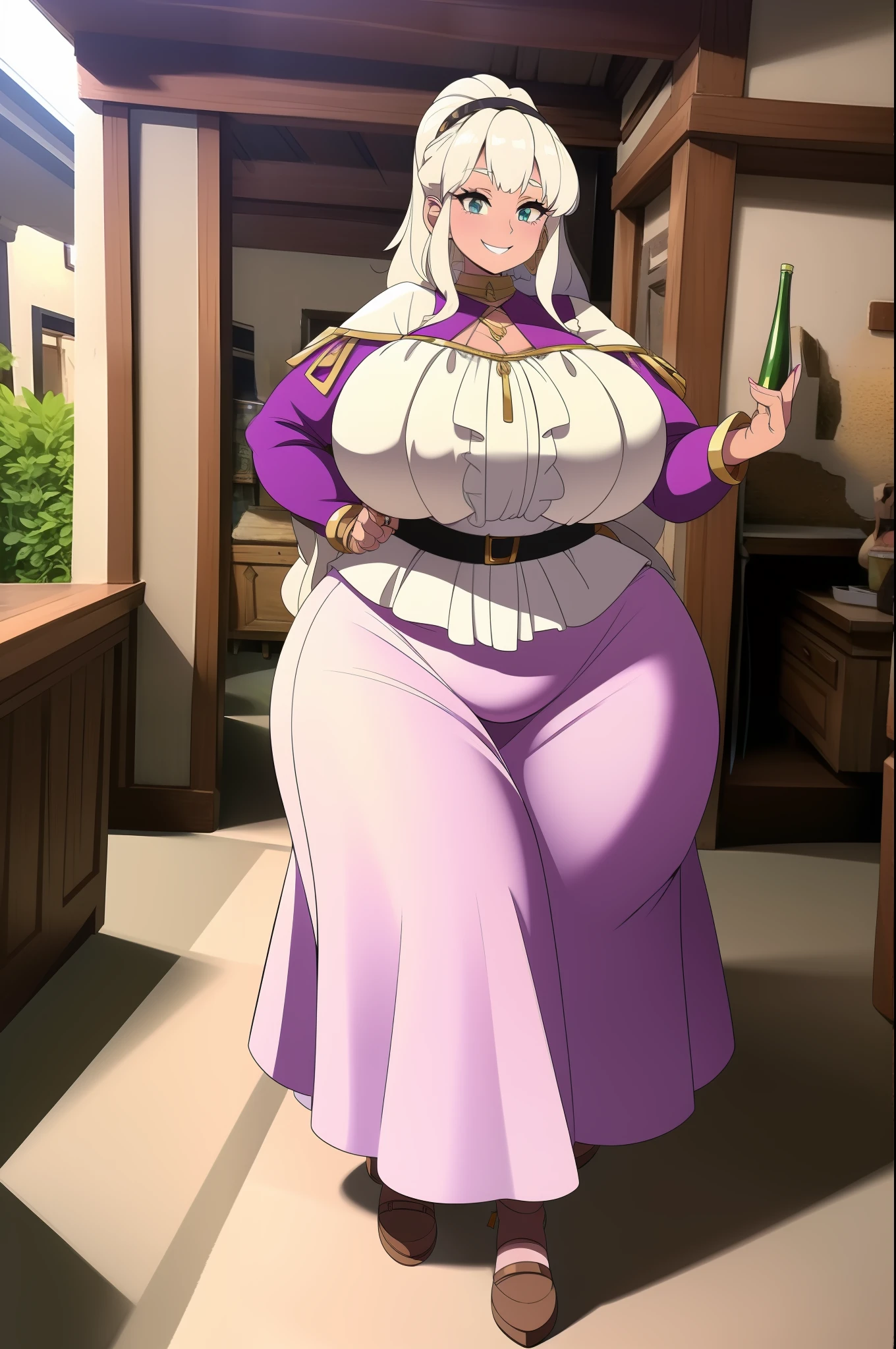 Ultra-detailed portrait of a silver-haired Angelgirl Knight wearing a long skirt in a 14th century medieval European village, smiling as she walks alone through the forest. Victorian-style clothing and picturesque ambiance.)