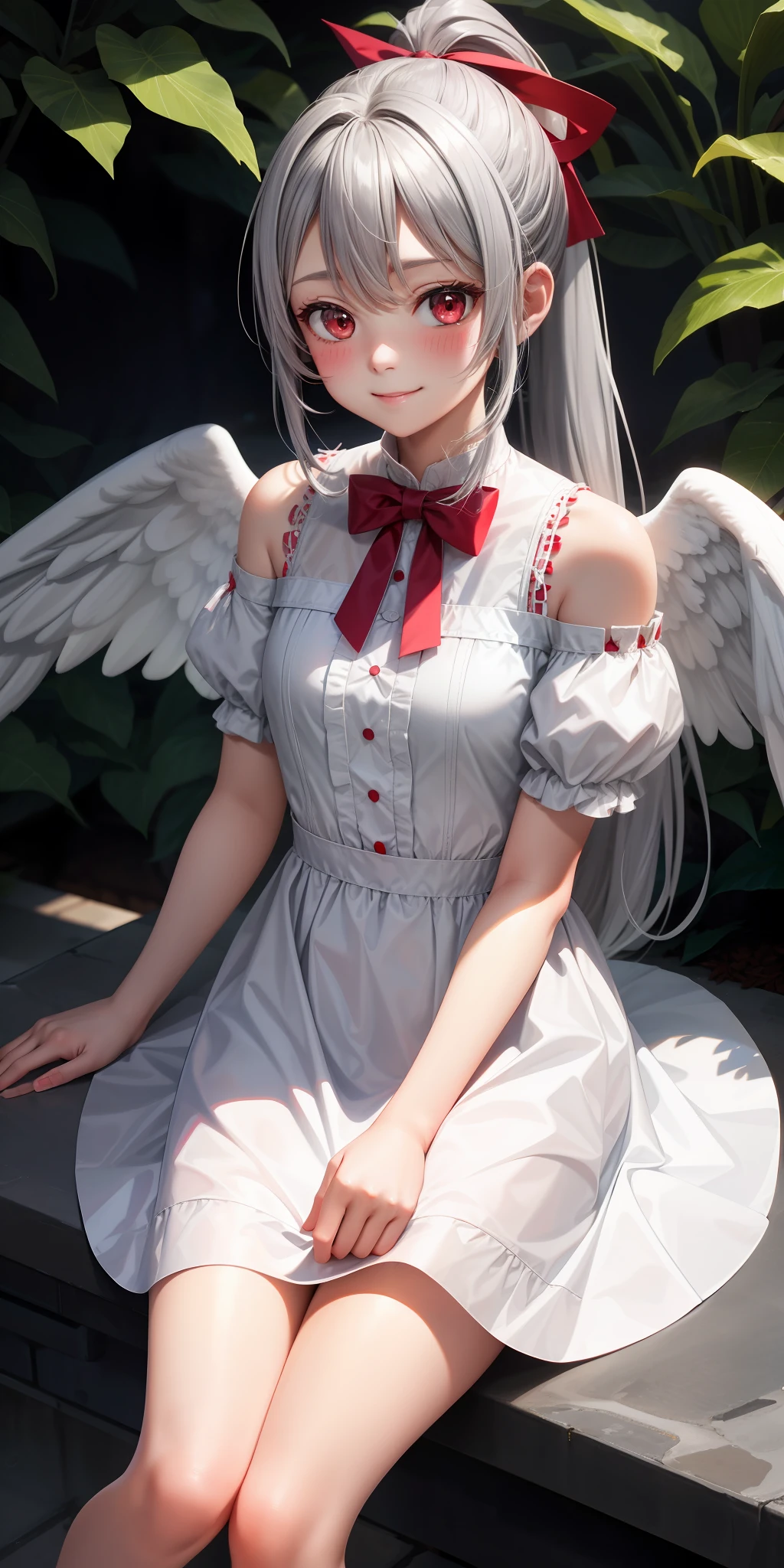 girl one, gray hair, ponytail, red eyes, angel wings, white dress, cute, cute, blush, sitting, little smile