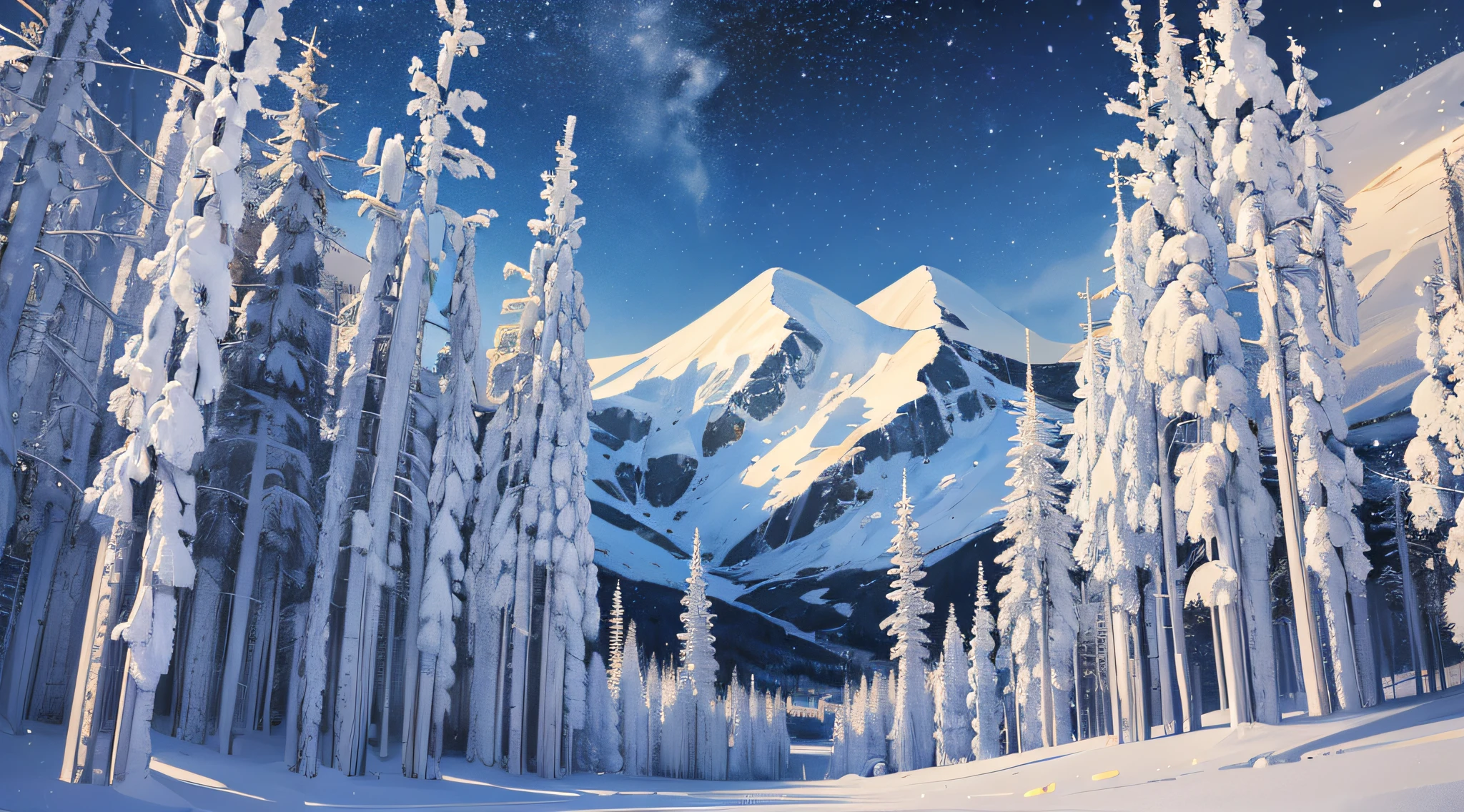 (best illustration: 1.2, master level), best quality, snow, nature, Changbai Mountain, extremely realistic snow cover, unique pure beauty of snow scenes, light snowfall, clear blue sky, starry sky behind the sun, low temperature and cold. --auto --s2