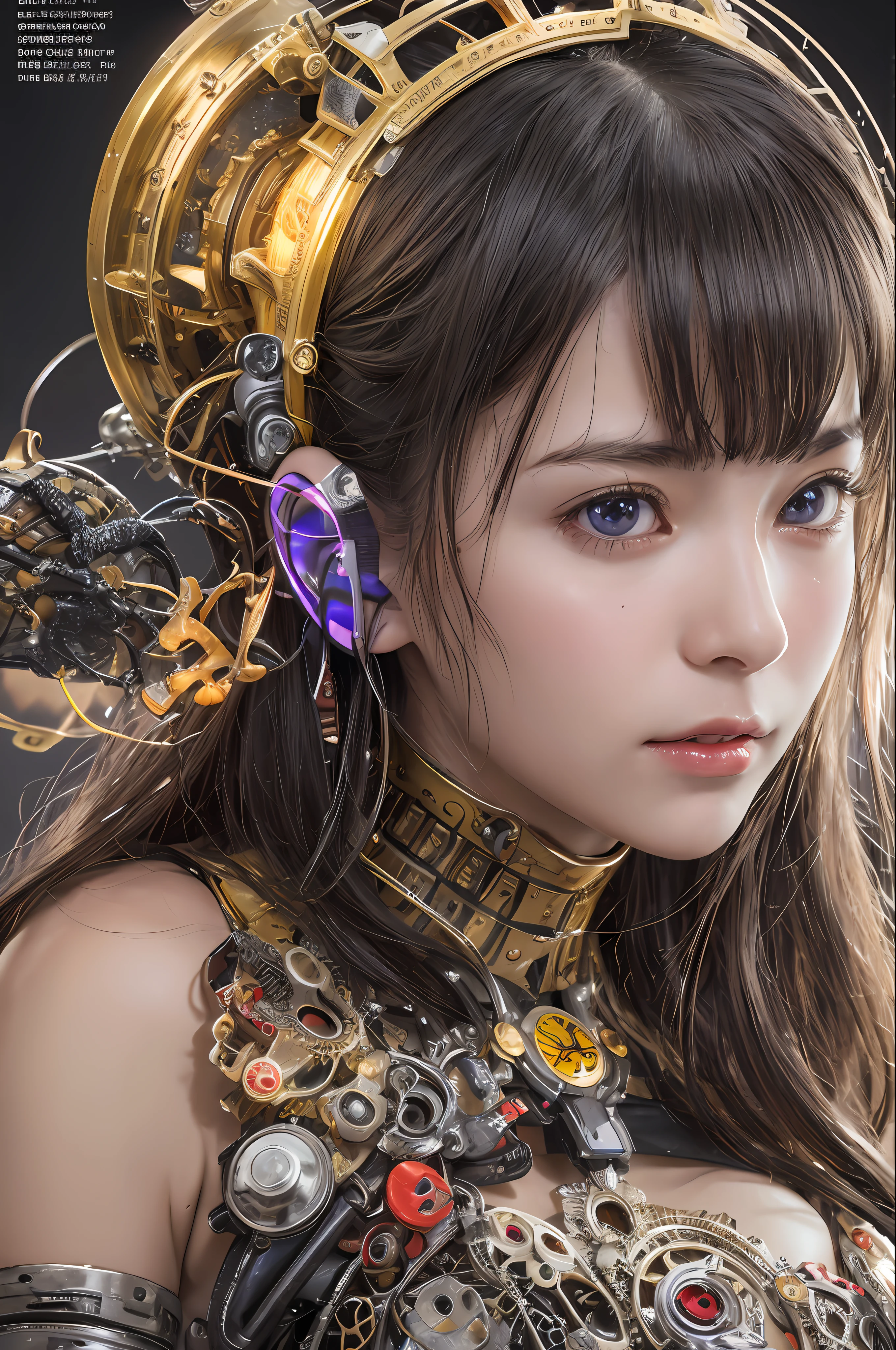 Top Quality, Masterpiece, Ultra High Resolution, (Photorealistic: 1.4), Raw Photo, 1 Girl, Black Hair, Glossy Skin, 1 Mechanical Girl, (Ultra Realistic Details)), Portrait, Global Illumination, Shadows, Octane Rendering, 8K, Ultra Sharp, Big, Cleavage Exposed Raw Skin, Metal, Detail of Intricate Ornaments, Steampunk details, Matsumoto meter, meter, vacuum tube, nixie suga, oil pressure gauge, glass tube, analog meter, gears, golden hydraulic cylinder, very intricate detail, realistic light, CGSoation trend, purple eyes, glowing eyes, facing the camera, neon details, mechanical limbs, blood vessels connected to tubes, mechanical vertebrae attached to the back, mechanical cervical attachment to the neck, sitting, wires and cables connecting to the head, Evangelion, small LED lamps,
