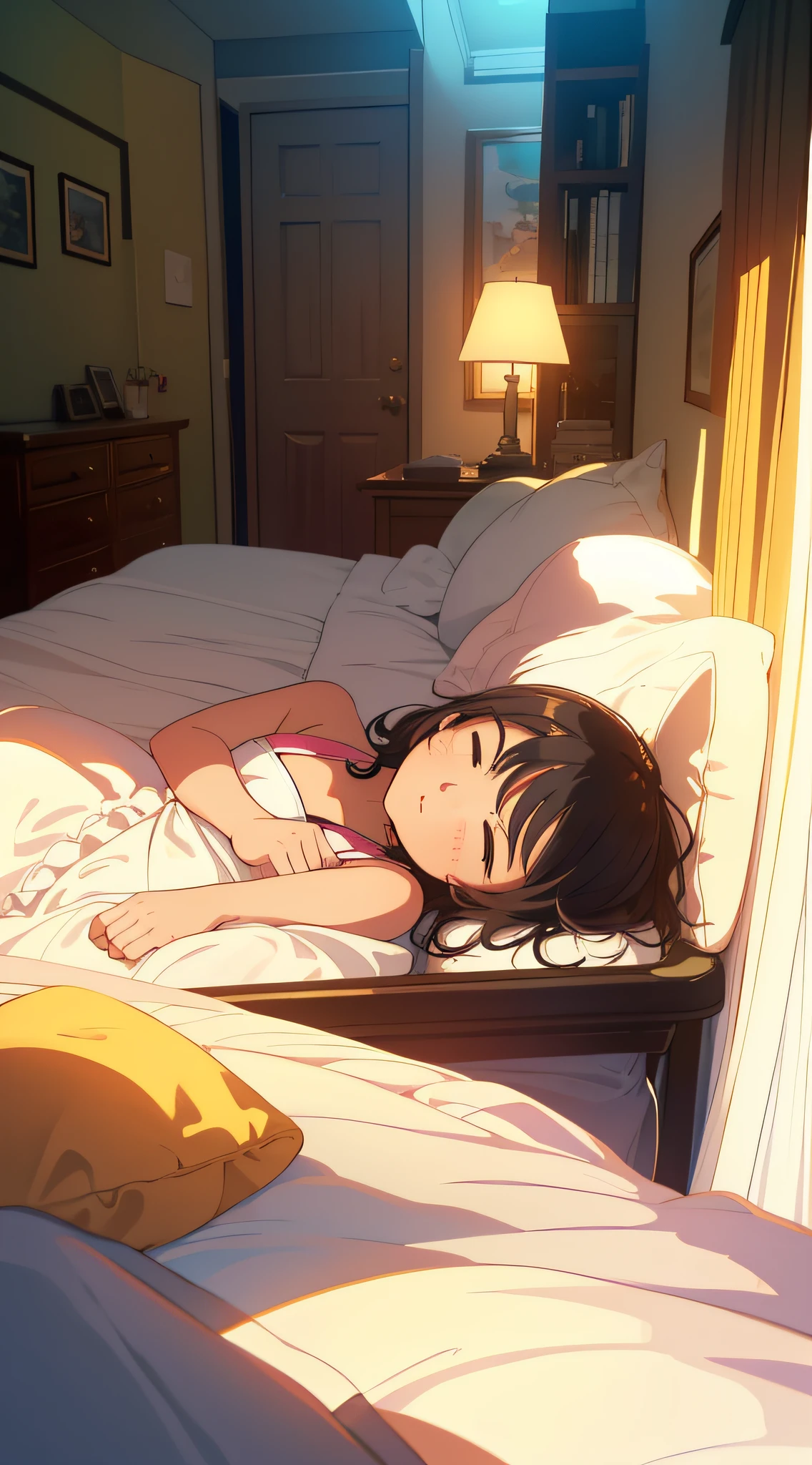 A cozy bedroom, bright sunlight spilling on the bed, (2 girls), lazy and comfortable sleeping position, hazy light and shadow, soft natural light to create a comfortable atmosphere, emotional warmth, full of youthful atmosphere.