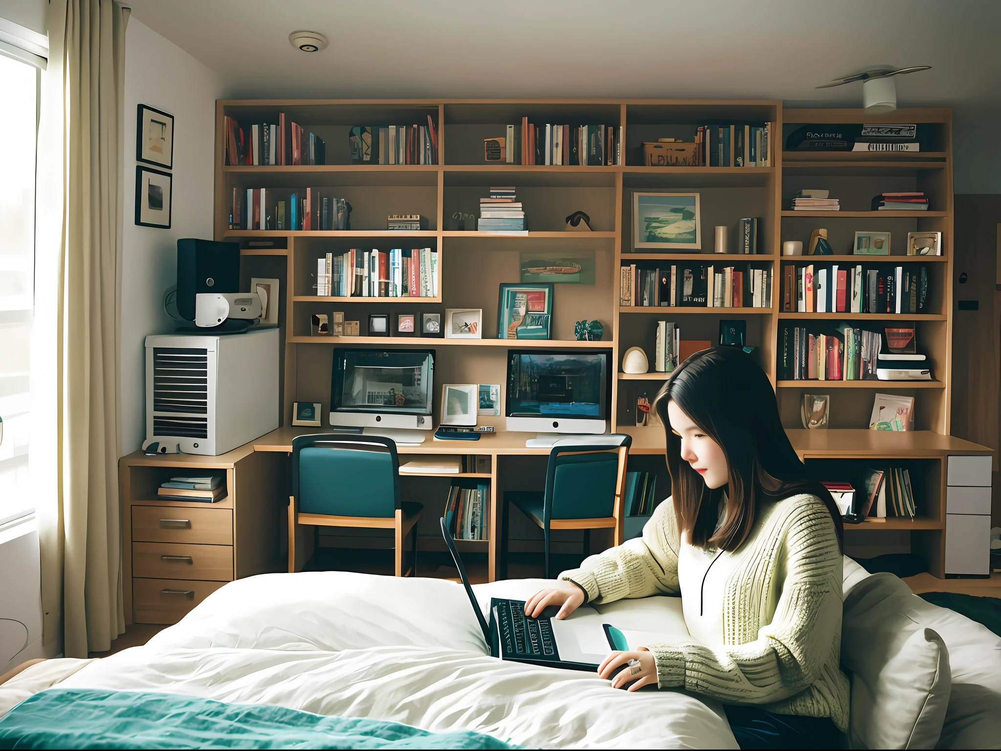 Cozy bedroom, bed, table, a computer, girl sitting in front of computer, books