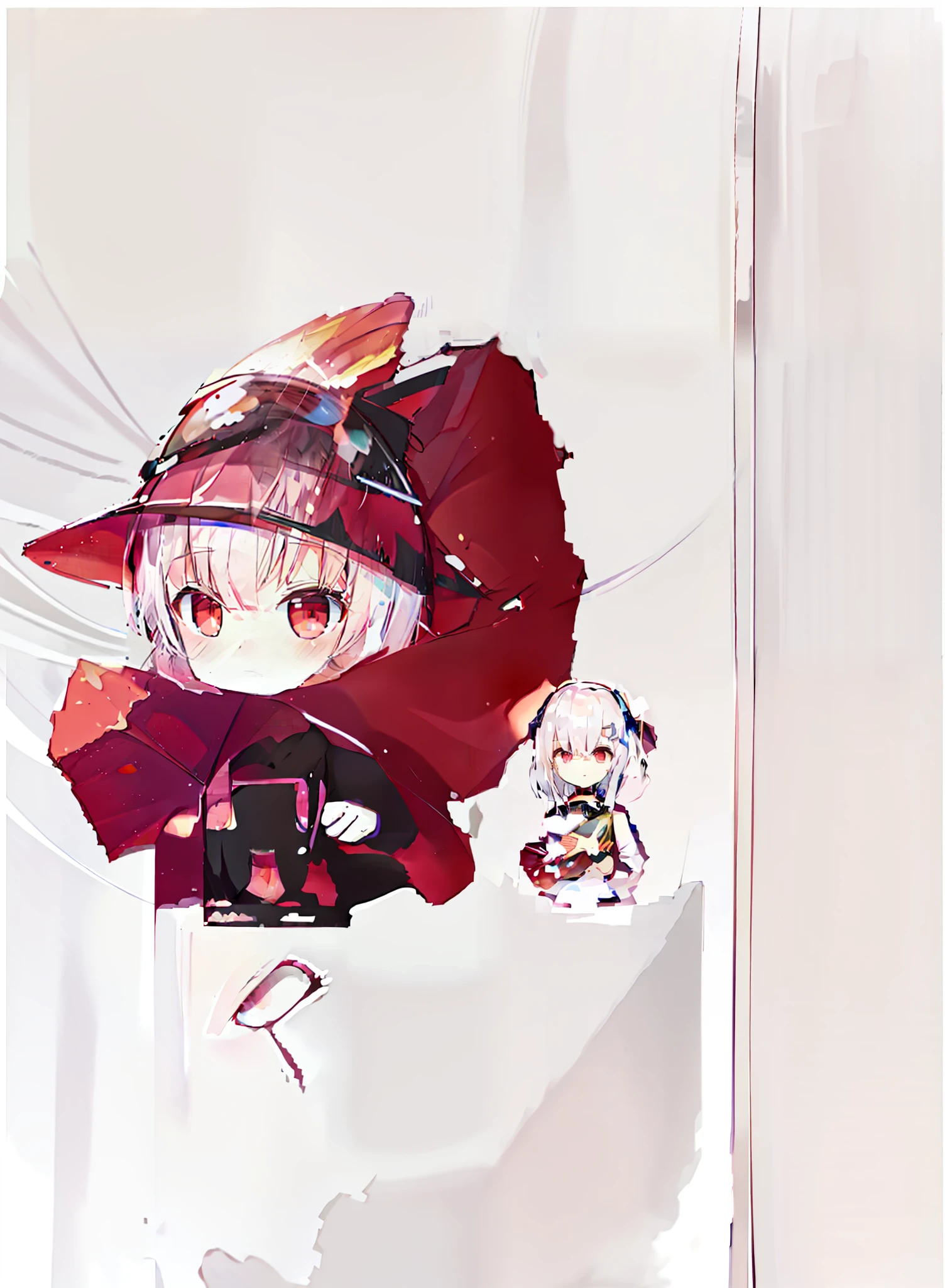 Show cute landscape paintings with characters in the picture, the characters are focused, their eyes are staring into the distance, their expressions are grim, and a close-up of a person holding a book with a volcano in the background