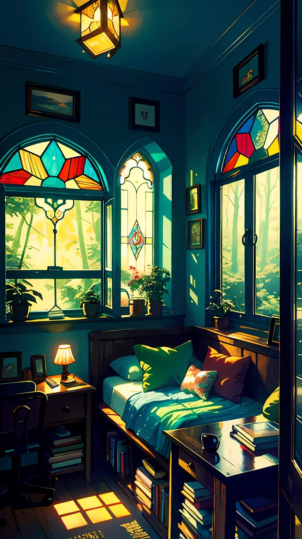 Cozy room, table, bed, many books, paintings, view from the window of the forest, sea, happiness, full color, multicolored, artificial, highest detail, super quality, small details, glare, neon lights, masterpiece, illustration, daylight, huge room, huge windows, stained glass windows