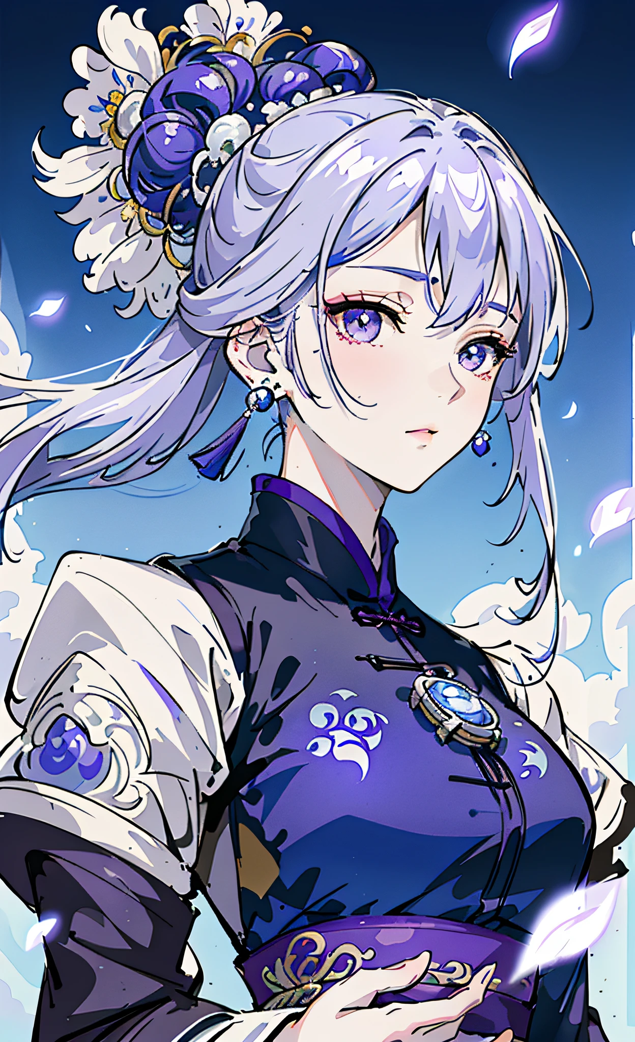 Mature girl, purple eyes, blue-white hair color, floating hair, delicate and flexible eyes, intricate damask hanfu, gorgeous accessories, wearing pearl earrings, fov, f/1.8, masterpiece, ancient Chinese architecture, blue sky, flower petals flying, front portrait shot, Chang'e, side lighting, sunlight on people, 8K