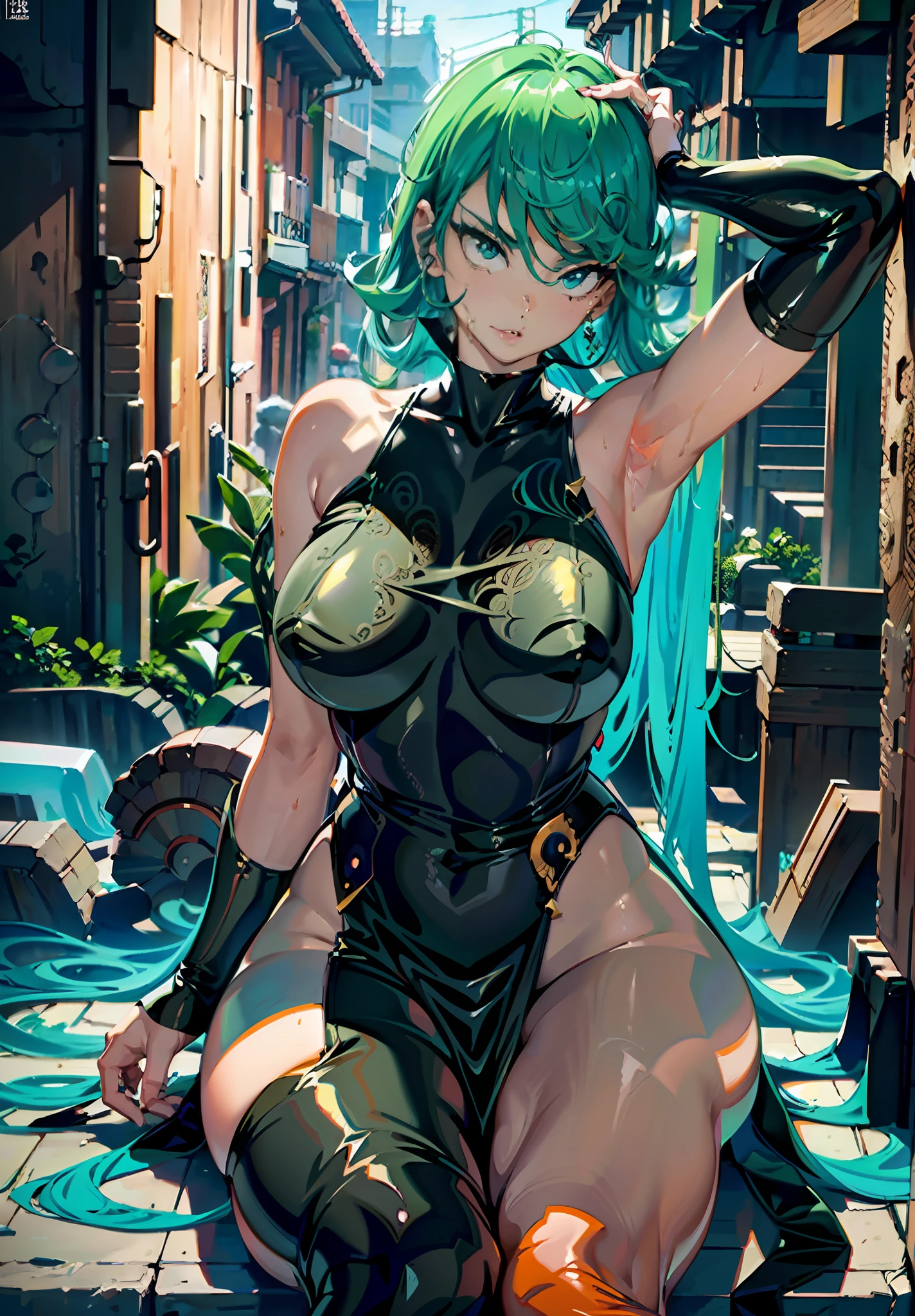 Anime-style face：1.5，Skinny black latex cleavage dress, tiny waist, Thin waist: 1.7,ultra realistic 8k cg, masterpiece, ((ultra detailed background, delicate pattern, intricate detail)), ( highly detailed, fine details), best quality, (photorealistic:1.7)，Greasy body, There is a body where lubricating oil flows down, Verism, Verism。 (NSFW:1.3), the perfect body. (sexy eyes) (seductive eyes) (clothes wet with water) (completely transparent plastic top) (suspender stockings, suspender stockings, high-gloss stockings) fleshy thighs tightened by high-gloss suspender stockings, huge soft breasts. Outermost transparent gauze on body, beautiful woman, surreal, 1 girl, ((facing the audience, hand caressing her chest)), (huge soft breasts, charming body: 1.8), sit-ups: 1.6, green hair: 1.9, (wet rain, rain wet, wet body: 1.9), painting, masterpiece, best quality, ultra-detailed, absurd, portrait beautiful, solo, earrings, jewelry, bikini, smile, sexy belt outfit, tank top, sky, day, swimwear, outdoors, gloves, necklace, transparent bikini, sexy, volumetric lighting, best quality, masterpiece, intricate details, realistic skin texture, pixiv, ultra-detailed, artstation trend,oilly skin, wet rosy skin thin waist: 1.6, Large, upturned breasts, transparent clothes, enormous breasts, anime characters, anatomically correct, textured skin。 (nsfw:1.3)enormous breasts, The picture is colorful, The brushstrokes of figure painting are multi-layered and rich。