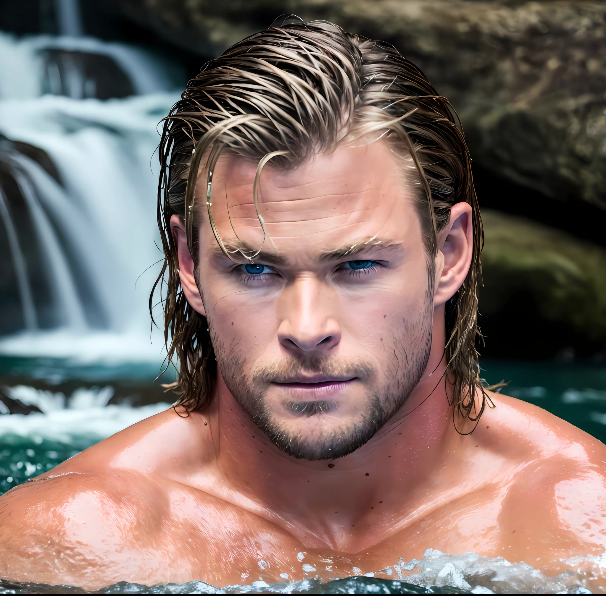Close-up of Chris Hemsworth bathing in a waterfall. Perfect skin. Blue eyes, raw photo, wet hair. Real skin. Sexy look. Natural light. Very detailed face. Photorealistic, hyperdetailed, high quality, 8k