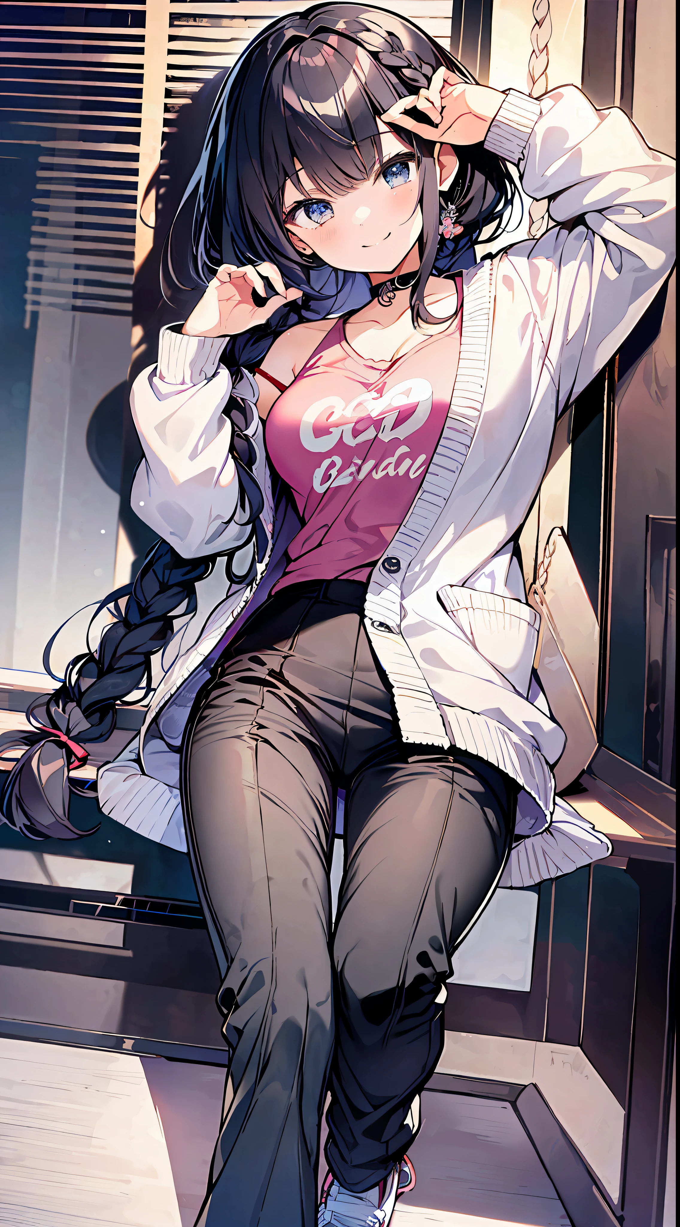 (incredibly absurdres absolutely resolution: 1.5), highest quality, masterpiece, ultra high resolution, 8k, (pale colored cardigan, sneakers, pants) BREAK shoujo manga style, (loli), soft line art, digital enhancement, shoujo manga touch, shojo manga core, (hair length to shoulder)))), ((( Short braid))) BREAK Soft drawing, beautiful black hair, clear eyes, (((smile, wink)), ultra-detailed digital anime art, clear face depiction, ultra-detailed shojo manga character art, clear facial features, manga style, top quality colors, angle that you can see to your feet, entangle, beautiful and aesthetic: 1.5, High quality:1.3
