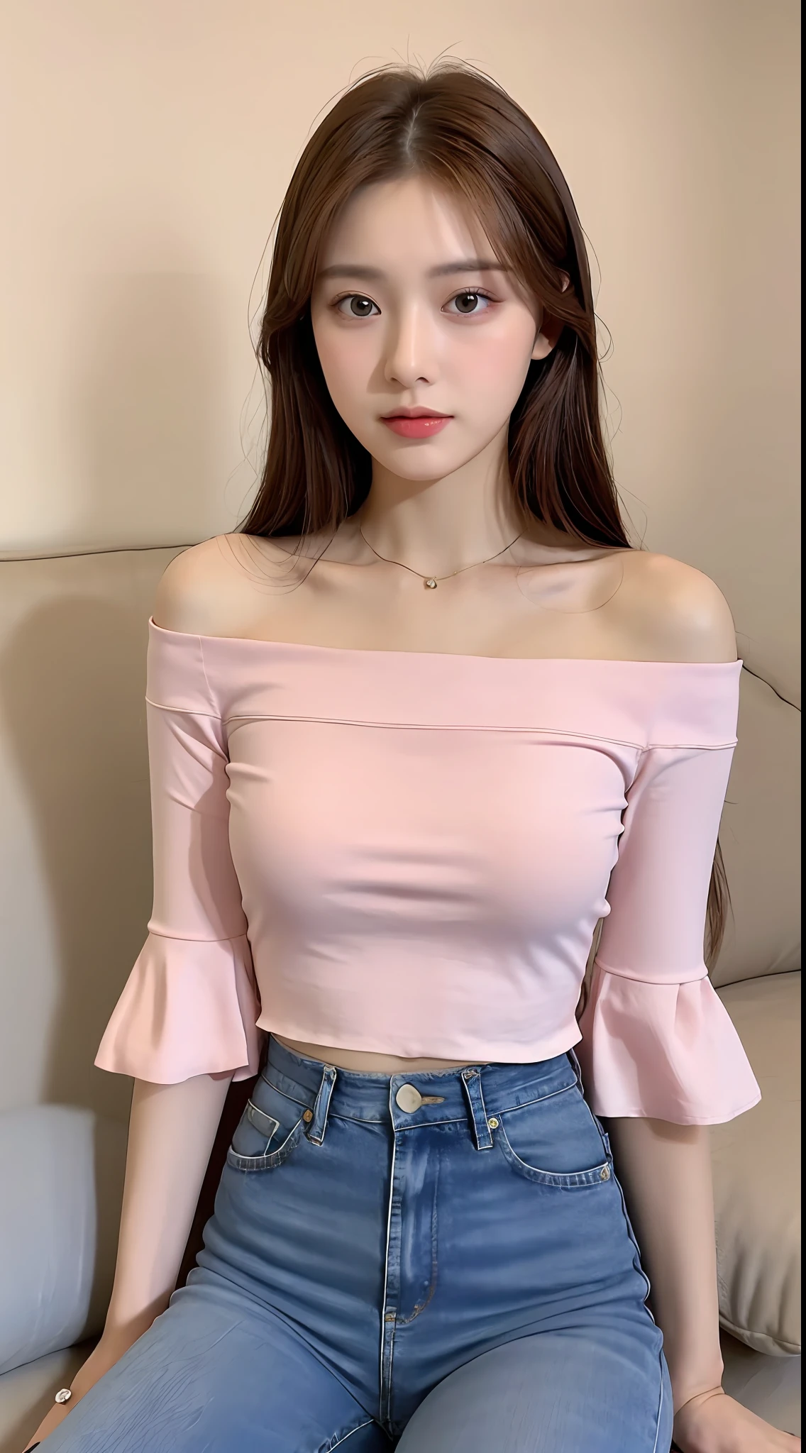 A beautiful girl about 20 years old, brown hair, delicate facial features, peerless beauty, wearing a pink and white French high-waisted top, wearing blue jeans, sitting on the sofa, full body photo