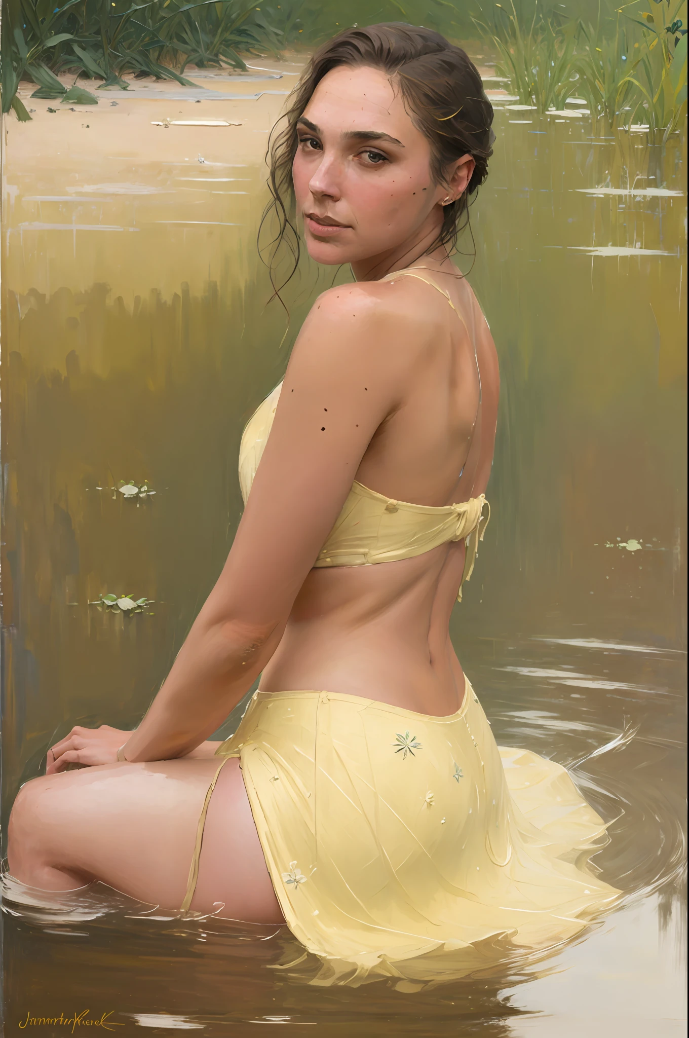 portrait of a beautiful woman (gldot) bathing, full body, (backlight), realistic, masterpiece, high quality, lens reflection, shadow, flower, [[chromatic aberration]], by Jeremy Lipking, by Antonio J. Manzanedo, digital painting,