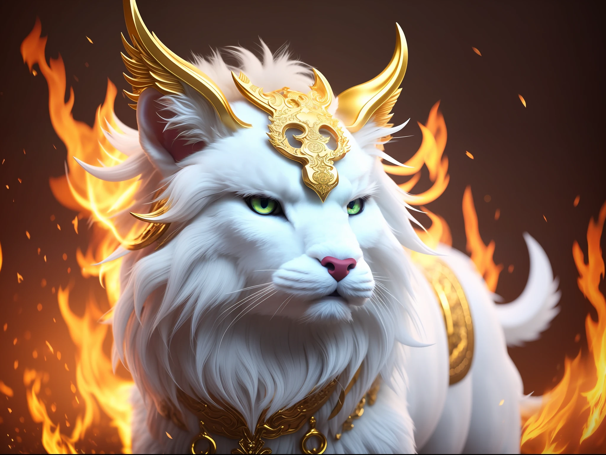 Qilin, Chinese mythical beast, cute, clean, pretty, mighty, pure white, ultra-fine fur, golden eyes, intricate details, flame background, power, 8K, virtual engine, octane rendering, HD, macro lens