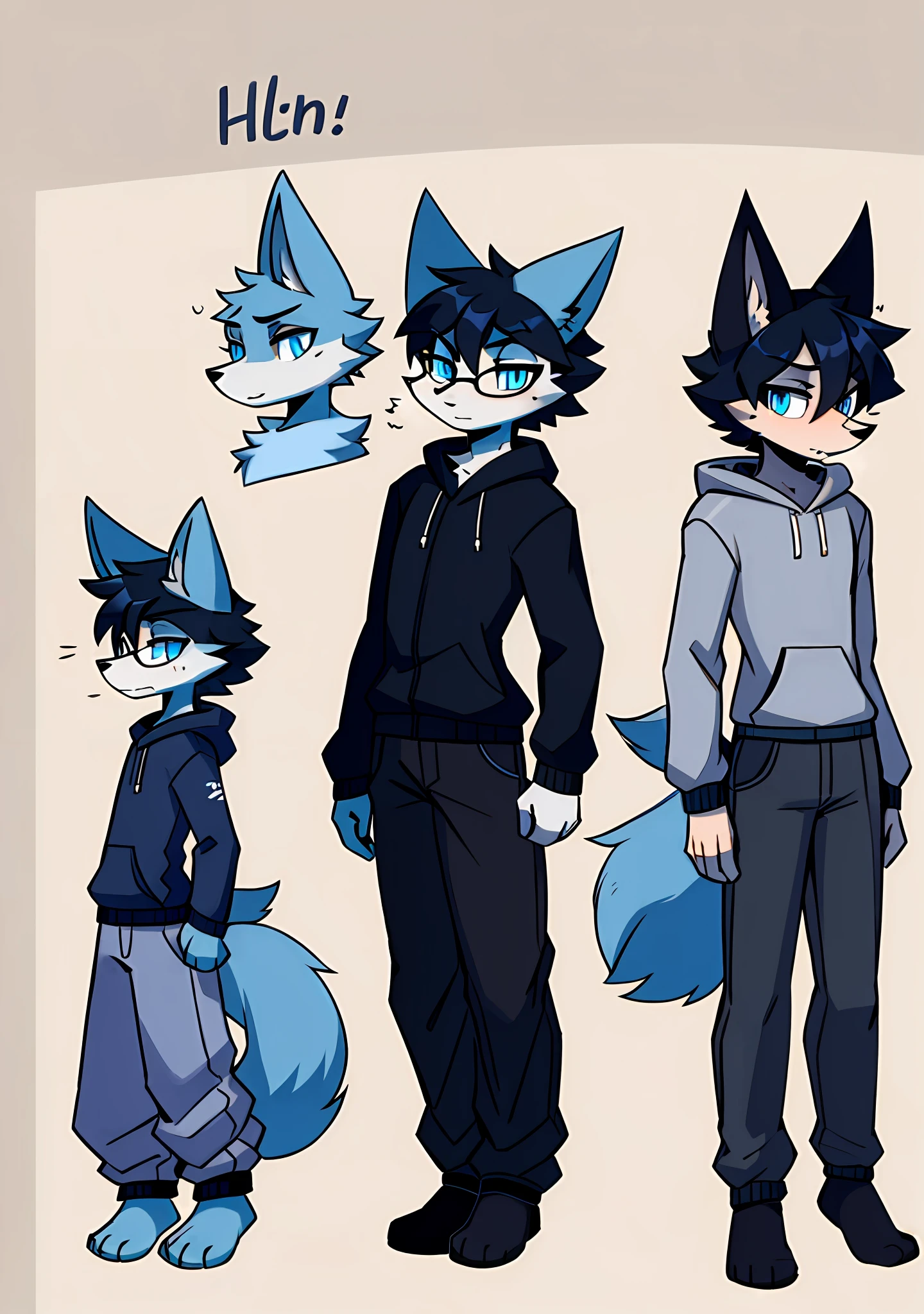Solo, fluffy, shaggy male, juvenile, full body fur, gray-blue fur, gray-blue sweatshirt, gray-black trousers, black hair, black glasses, blue eyes, small canine, fluffy tail, male, serious, short hair, reference sheet