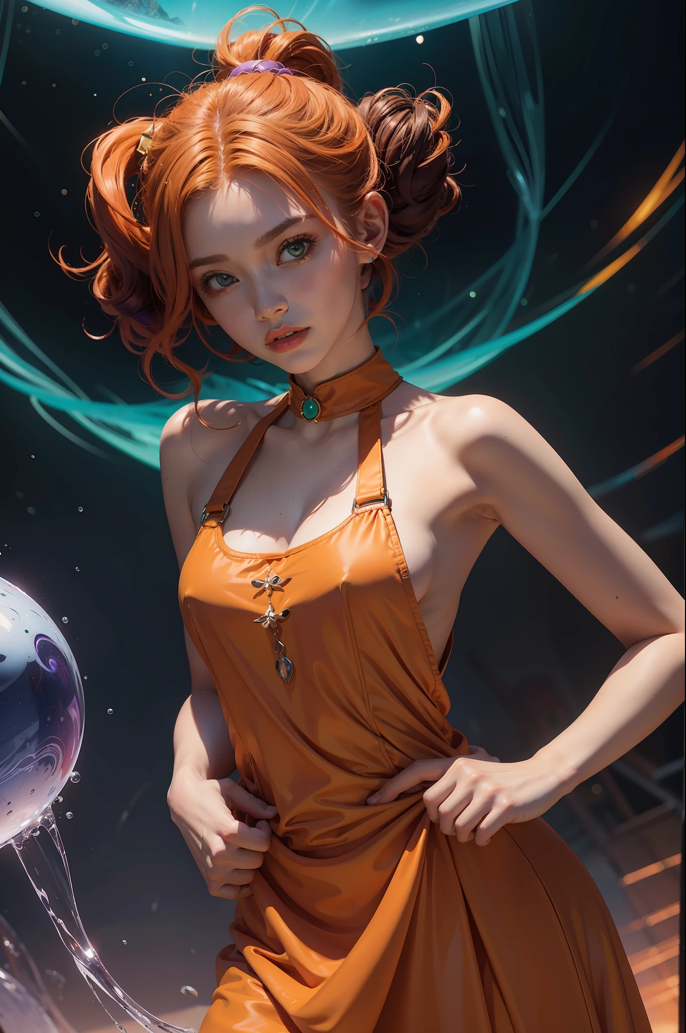 concept art, overhead angle of a Will-o'-the-wisp, wearing Funny Somali Emerald deep orange Pinafore, Caramel hair styled as Short hair, fluorescent purple Hair tie, equirectangular 360, Highres,  [(art by Willi Baumeister:1.1), (art by John T. Biggers:1.2)::17], official art, unity 8k wallpaper, ultra detailed, aesthetic, masterpiece, best quality, photorealistic