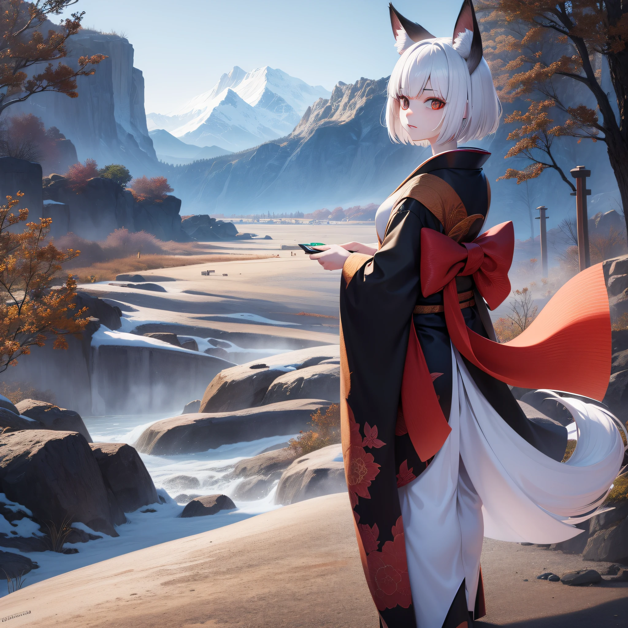 girl short hair white or black with fox orehas of 9 tails en fente to a trenpro surrounded by beautiful mountains wearing kimono to fit into the screen of 2560 x 1080 without visible hands
