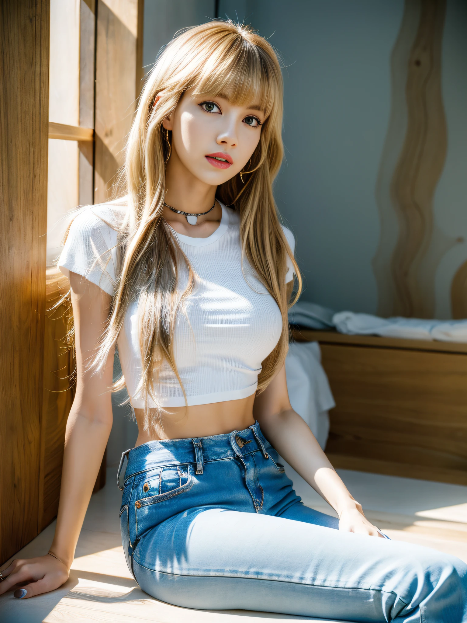 Lisa light yellow long hair, Lisa face shape, wearing a tight white T-shirt, open waist, light blue short jeans, long legs, masterpiece, superlative, realistic, HD, photography lighting, 16k