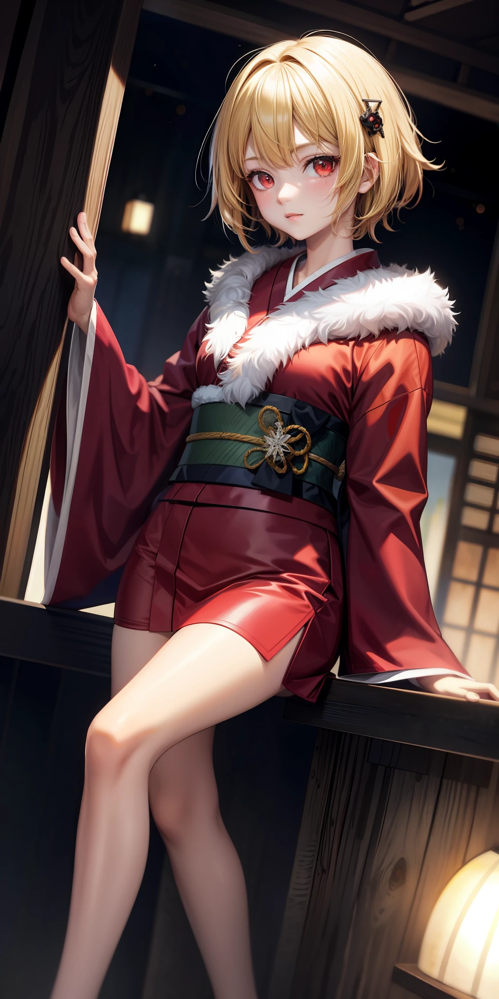 anime, 1 girl, blonde, short hair, red eyes, fluffy kimono