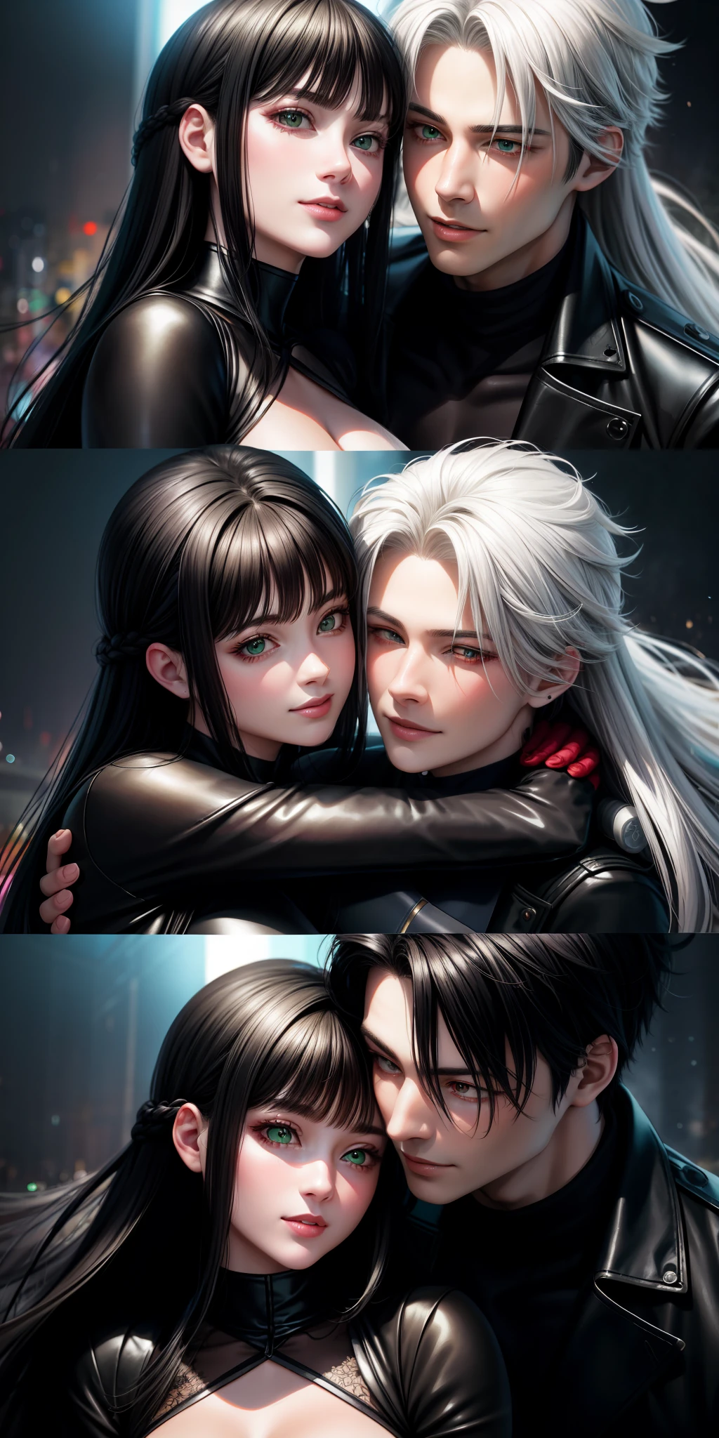 realistic, anime couple hugging each other with gloves, highly detailed exquisite fanart, black hair and white hair, green eyes and red eyes, smile, lovely couple, arm around neck