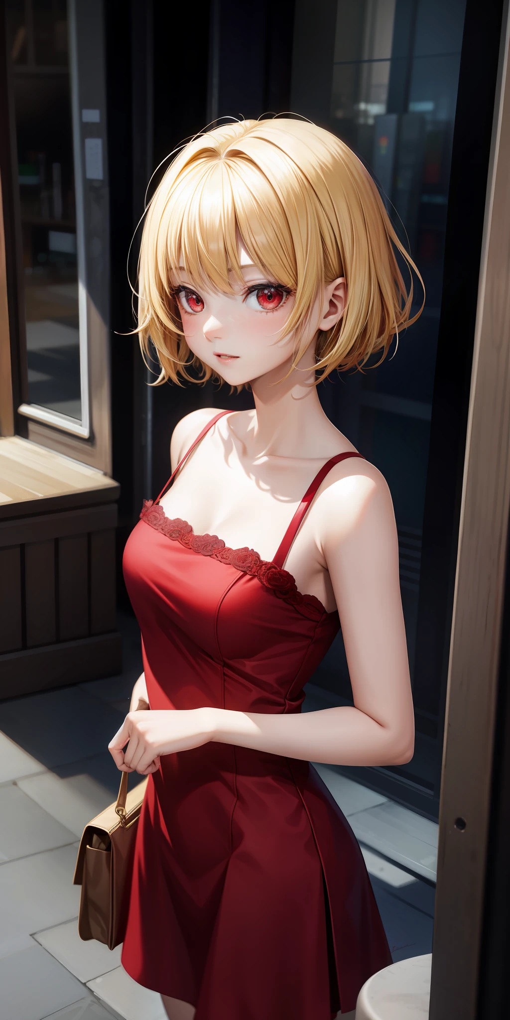 anime, single girl, blonde, short hair, red eyes, red dress