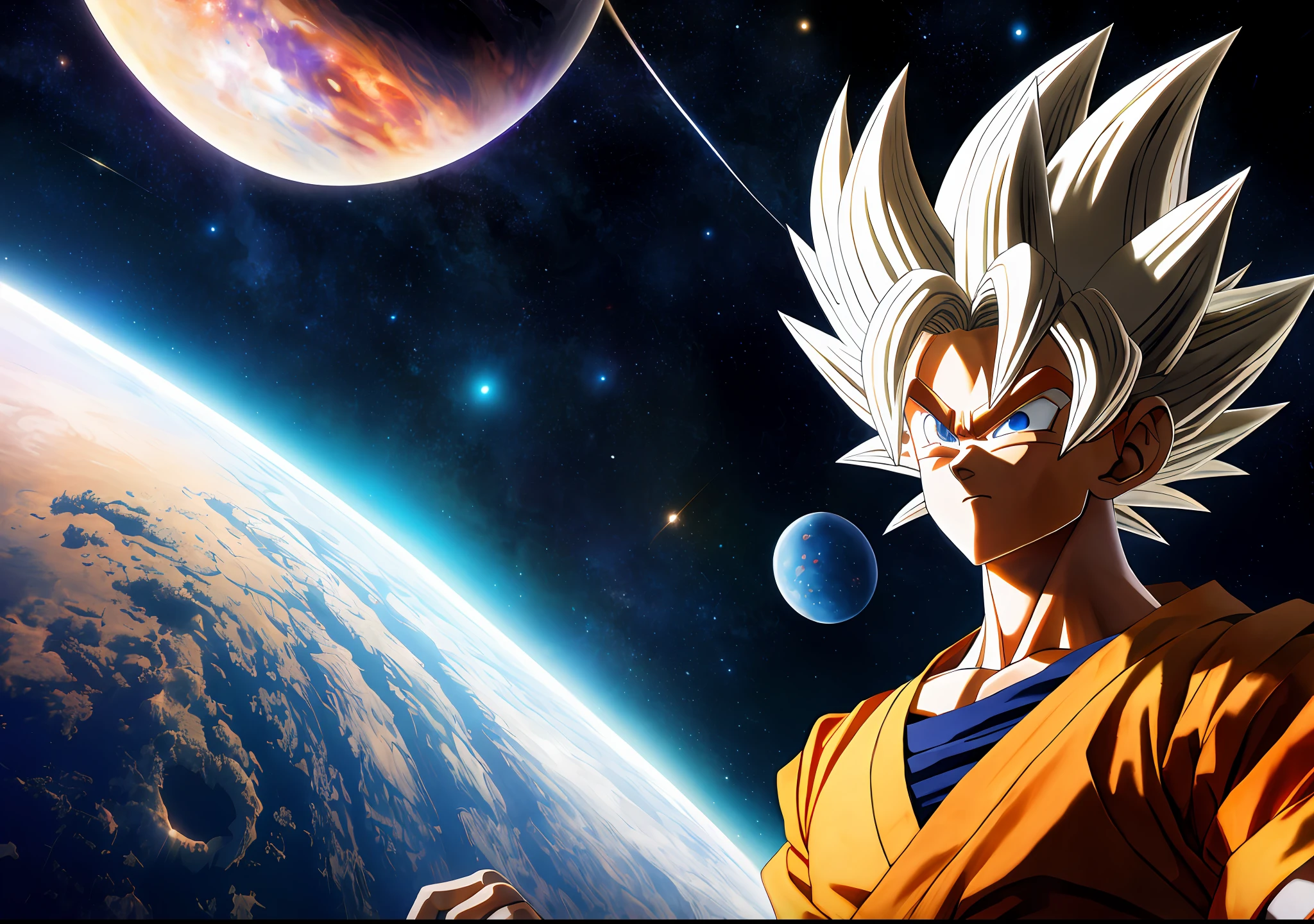 About songoku supper saiyan, white hsir. masterpiece, best quality, high quality, extremely detailed CG unity 8k wallpaper, Depth of Field, HDR,,Photorealistic,extremely detailed, Intricate, High Detail, universe, space, galaxy, stars, planets, astronomy, cosmos, celestial, nebula, black hole, solar system, cosmic rays, supernova, deep space, astronomical objects