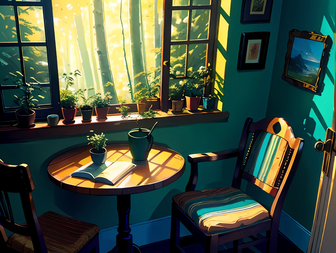 A cozy room, a table, a bed, a lot of books, paintings, a view from the window of a forest, a sea, happiness, full-color, multi-colored, artificial, the highest detail, super quality, small details, highlights, neon lights, a masterpiece