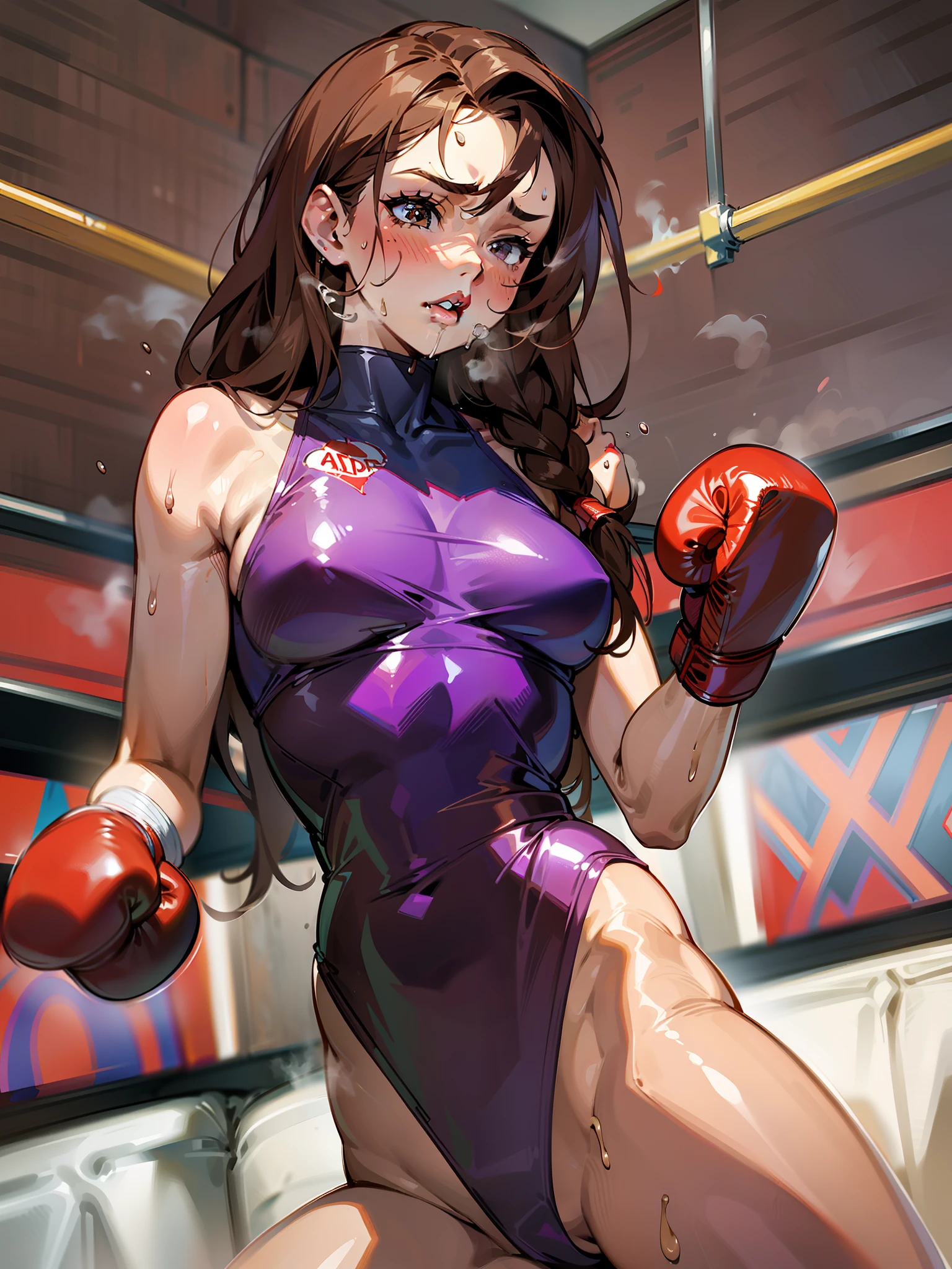 Red-brown hair, long hair, sexy lips, purple leotard, red lip, ((boxing gloves)), brown skin, one woman, absent-minded, sweat and saliva all over the body, abdominal damage marks, serious injury, inferiority, on the verge of fainting, steam, bedroom, punched by another woman