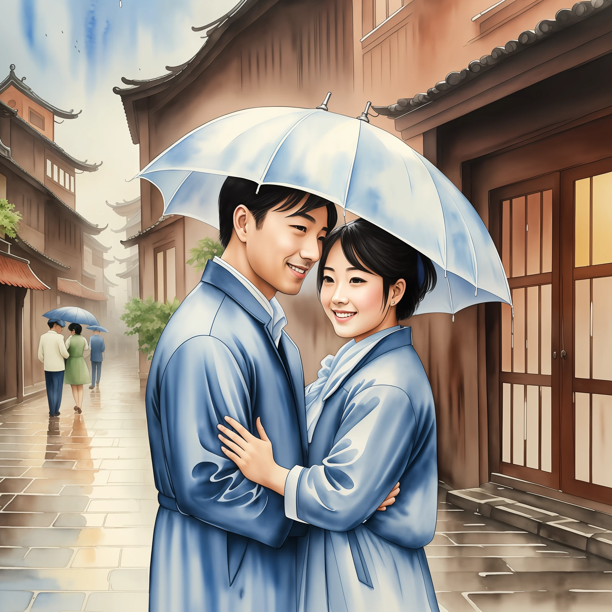 This watercolor depicts a street in Jiangnan Water Town, raining. Under the eaves, a handsome son and a beautiful young lady looked at each other and smiled. Their eyes met, as if it was love at first sight. The whole picture is full of romance and warm atmosphere. Due to the use of watercolor painting style, the picture is soft and full of delicate brushstrokes, and the whole scene seems to be surrounded by soft rain, exuding a fresh atmosphere. --auto --s2