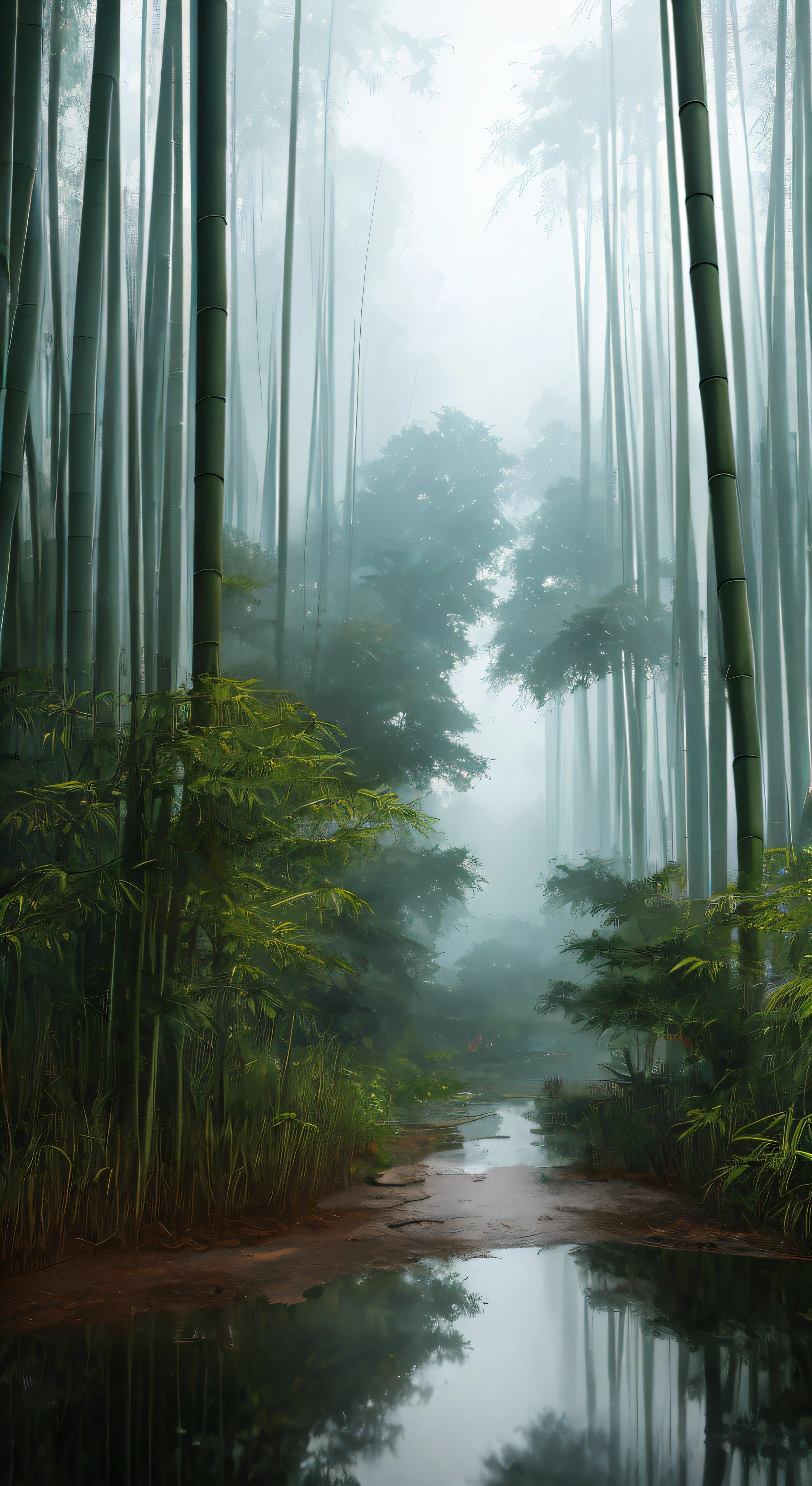 Bamboo forest in rain, path made of wooden boards, water on the ground, reflection. Style, masterpieces, proportions, details, art station trends, beautiful lighting, realistic, complex, award-winning, 4k, highest quality award-winning, 4K digital painting in the style of Yoshitaka Amano. A detailed and complex depiction of the zombie apocalypse, subtly capturing the chaos and drama of the scene. Beautiful lighting and cinematic composition make this piece a true masterpiece, popular on ArtStation