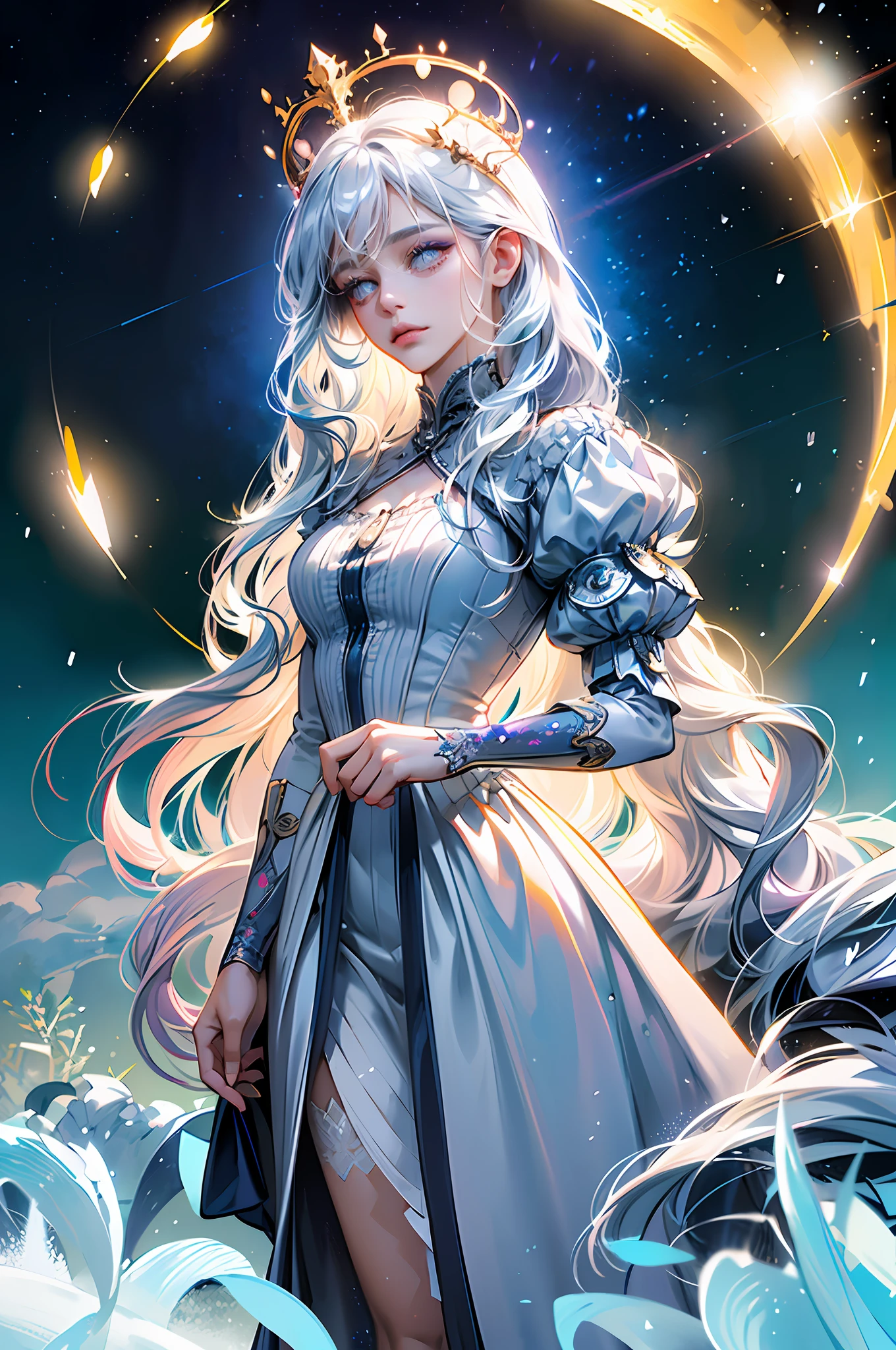 (Masterpiece:1.2), best quality, (night sky, wery long blue hair:1.2),(illustration:1.2), beautiful scenery, scared,(Masterfully crafted Glow, lens flare), (ultra-detailed), hyper details, (delicate detailed), (intricate details), (cinematic light, best quality Backlights), clear line, new world, viewer, solo female, perfect body, (1female), (Bright bioluminescent hair  hair, bright glowing eyes), (Dynamic:1.3), ((makeup)), high contrast, (best illumination, an extremely delicate and beautiful), ((cinematic moonlight)), colourful, ((Photoshop Pastel Painting:1.1)), ethereal, (Cinematic masterpiece),suspense,  splashes of colour, absolutely eye-catching, ((caustic)), dynamic angle ,beautiful (detailed glow), (eerie),(Intricate Detailed Cinematic Scenery Behind:1.2),ambient occlusion, (ambient moonlight), ray-traced reflections, intricately detailed visible background, night snow storm, stars, very long curly white hair, ice queen, white and light blue gothic royal dress with embroidery, long embroidered stockings, crystals and pearls, big halo shaped crown, ice crystals around, snow storm, mature woman