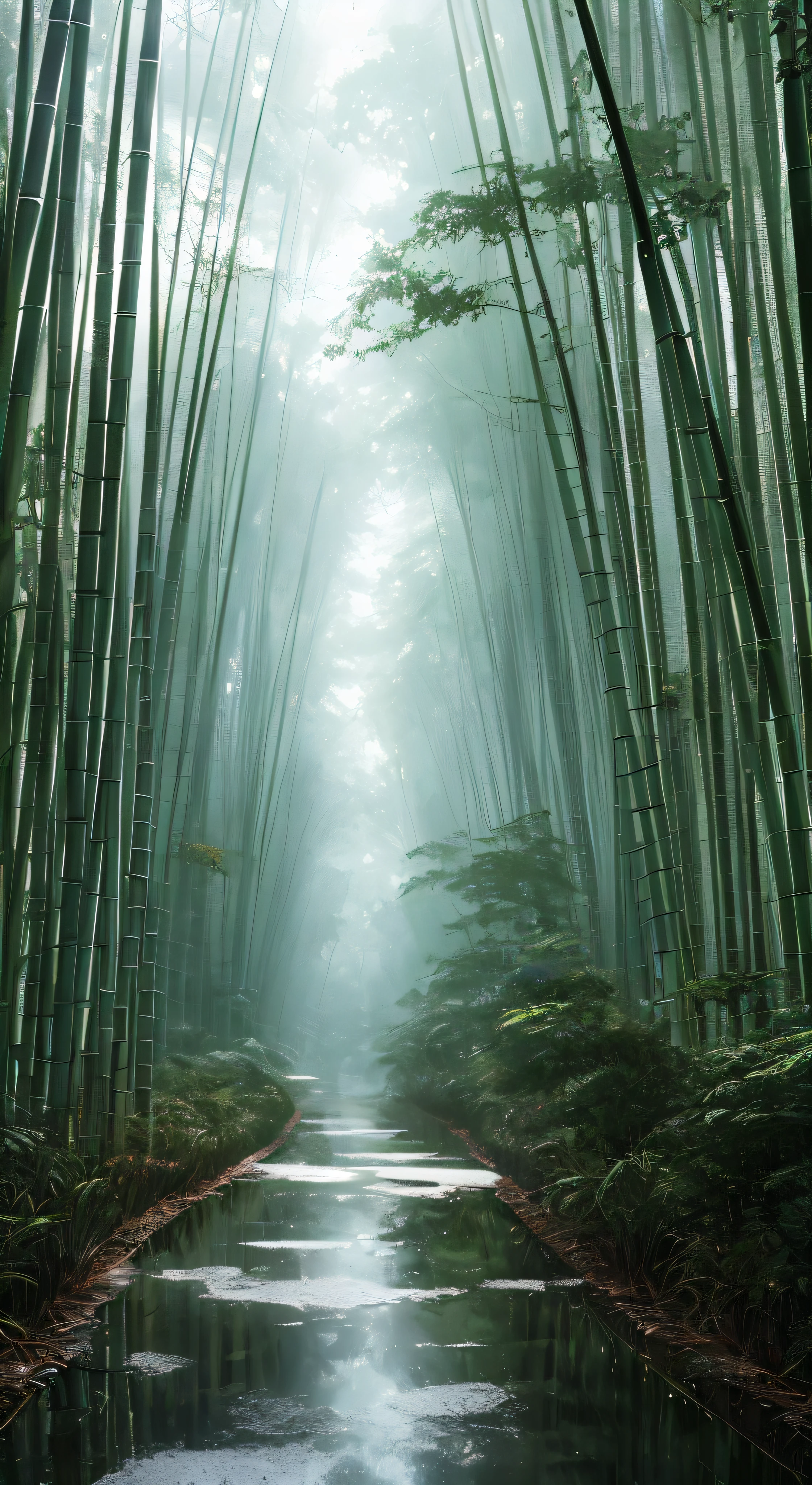 Bamboo forest in rain, path made of wooden boards, water on the ground, reflection. Style, masterpieces, proportions, details, art station trends, beautiful lighting, realistic, complex, award-winning, 4k, highest quality award-winning, 4K digital painting in the style of Yoshitaka Amano. A detailed and complex depiction of the zombie apocalypse, subtly capturing the chaos and drama of the scene. Beautiful lighting and cinematic composition make this piece a true masterpiece, popular on ArtStation