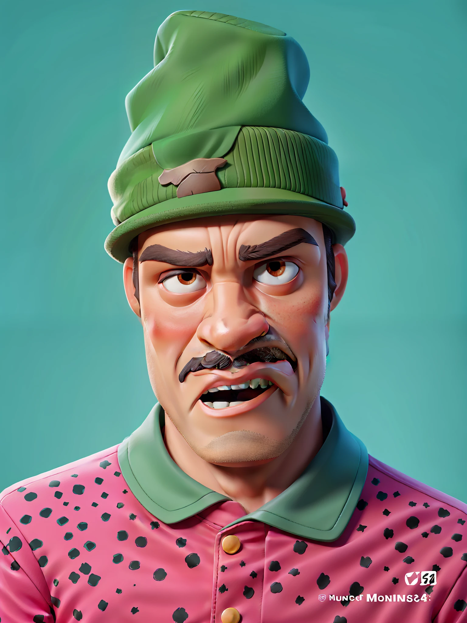 Masterpiece, of the best quality, close-up of a man in a green hat and a black speckled pink shirt