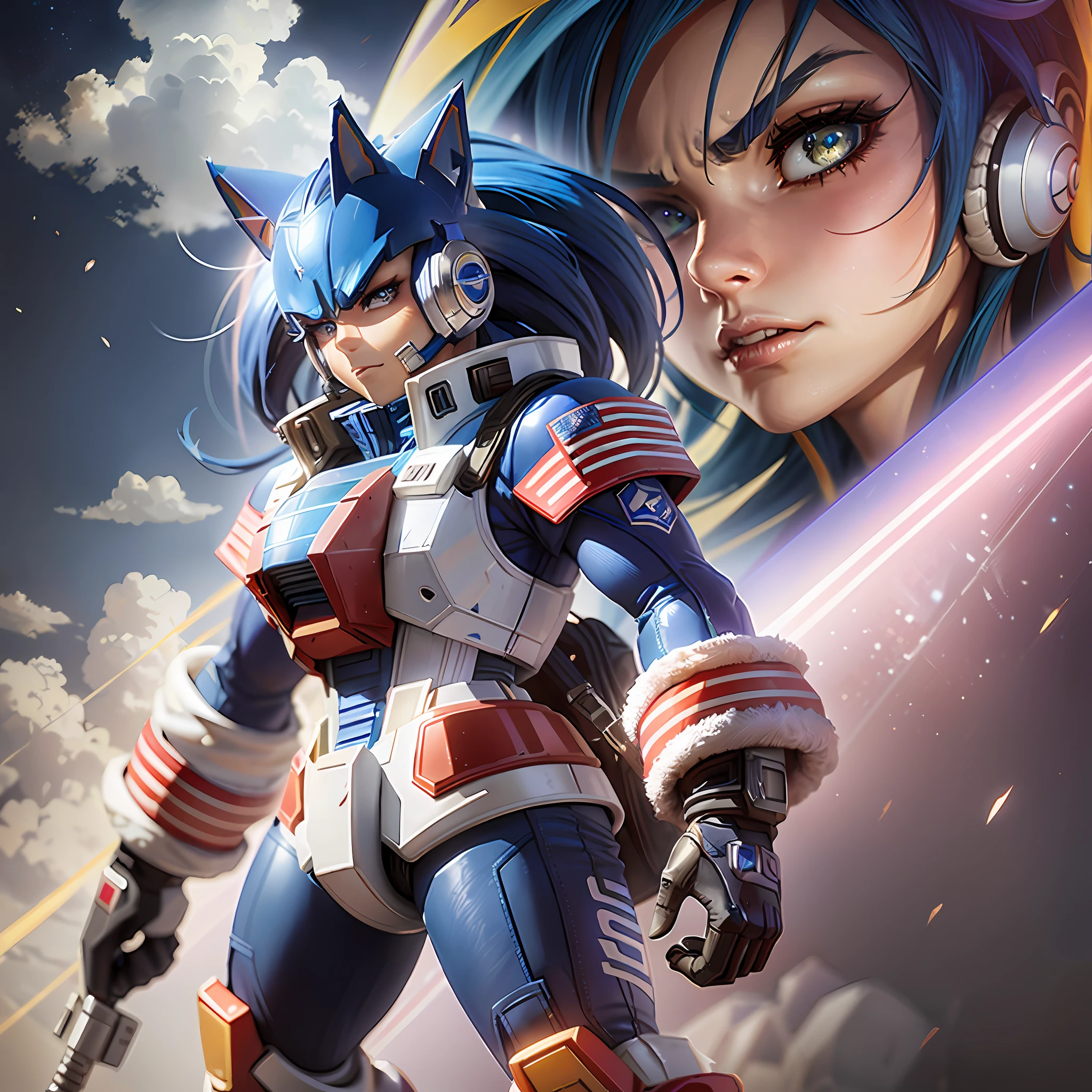 anime character with a blue hair and a blue helmet and a gun, artgerm and lois van baarle, by Jason Teraoka, artgerm jsc, jazza and rossdraws, krystal from star fox, lois van baarle and rossdraws, portrait anime space cadet girl, extremely detailed artgerm, hero 2 d fanart artsation