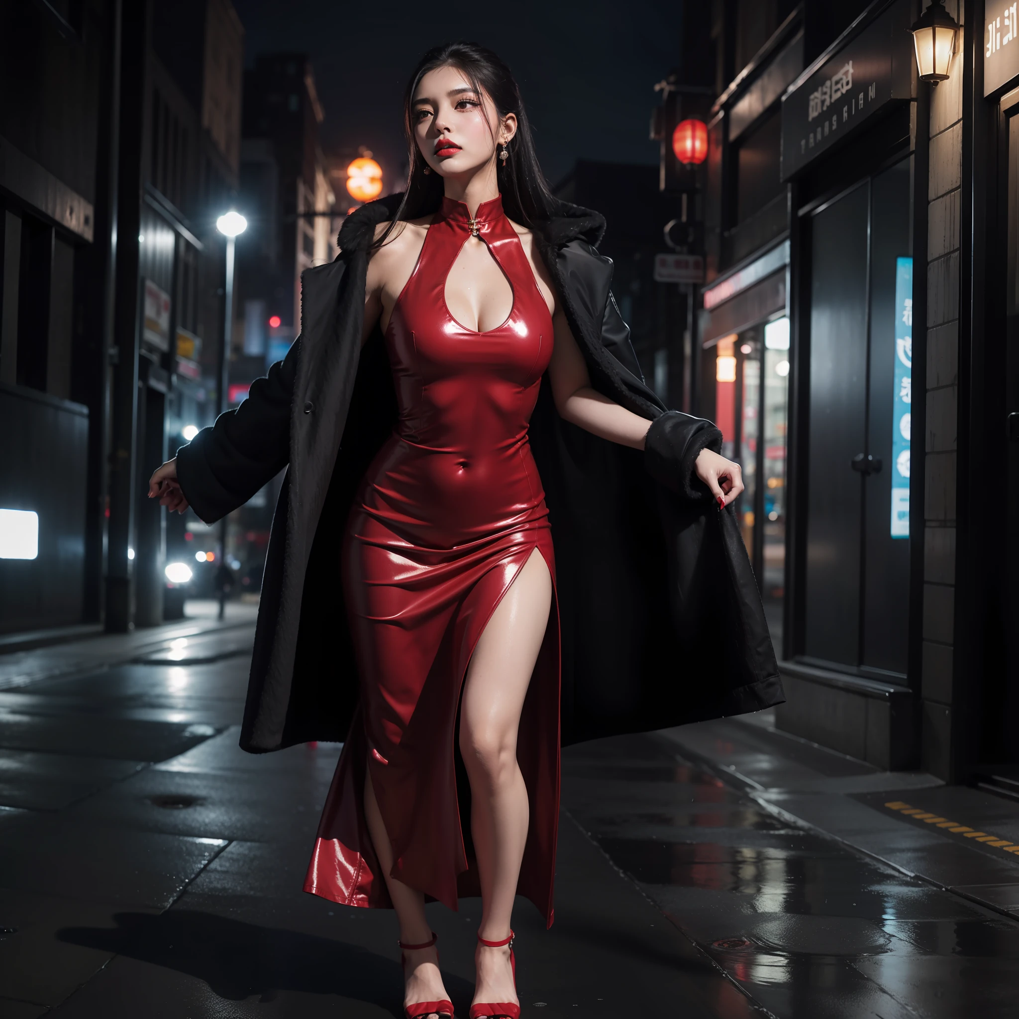 (full body: 1.1), 1girl, shiny han bimbo chinese, red social clothing, elegant coat, street curb, wet skin, subsurface skin spread, vax, choker, earrings, eyelashes, eyeshadow, lips, lipstick, jewelry, makeup, nose, parted_lips, navel, beautiful detailed eyes, (night: 1.2), raining, dark, scary, dark city, alley, chased, danger, worried, afraid, stressed, close up