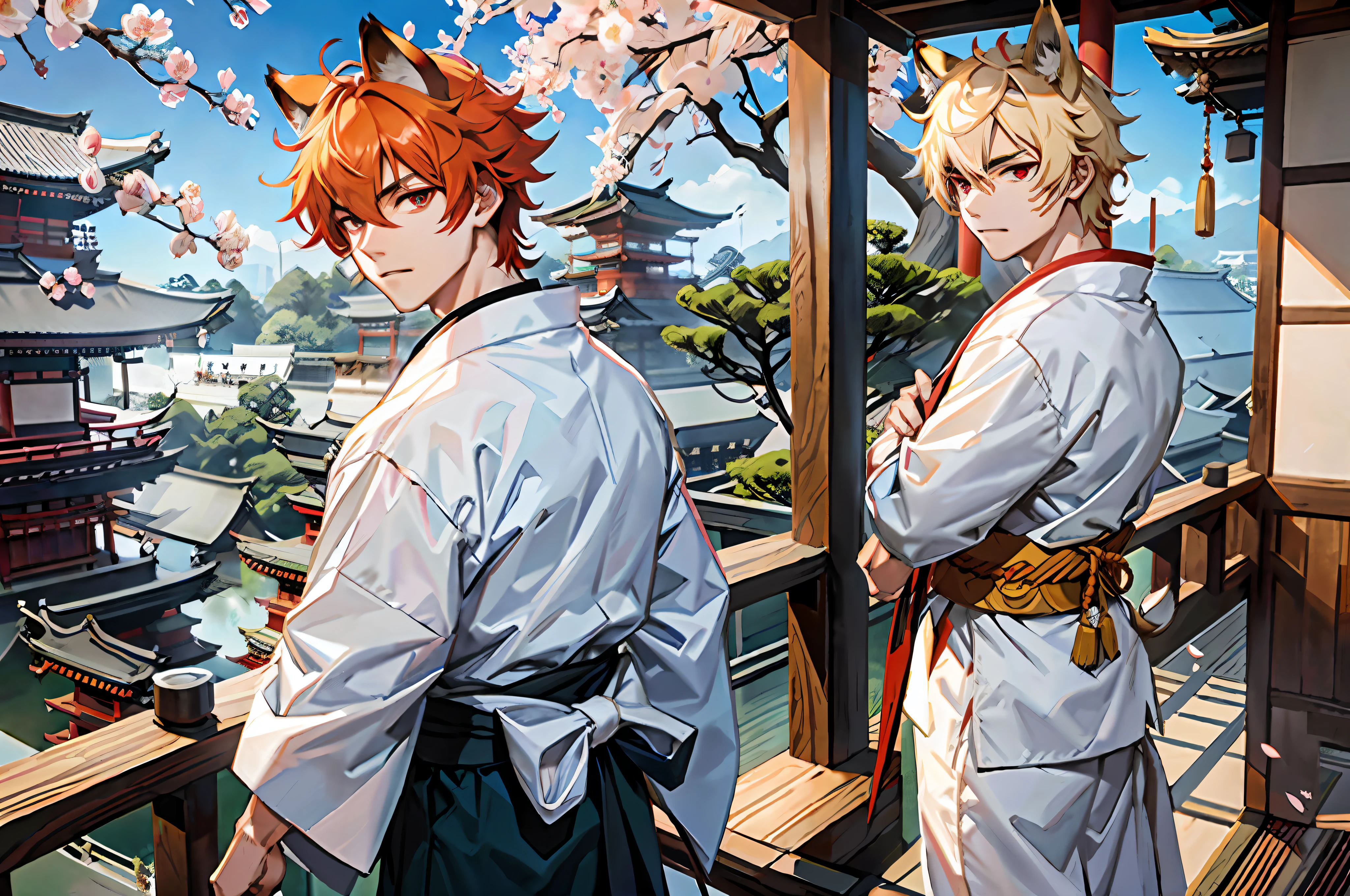 (Representative work: 1.4, highest quality, 8k), (2 boys: 1.6), (blonde spiked hair and red eyes, fox ears: 1.1), (short green hair and big eyes, raccoon ears: 1.2), (Japan Shinto priest, white and light blue hakama: 1.3), cherry blossom viewing on the balcony, background is a temple in Kyoto.