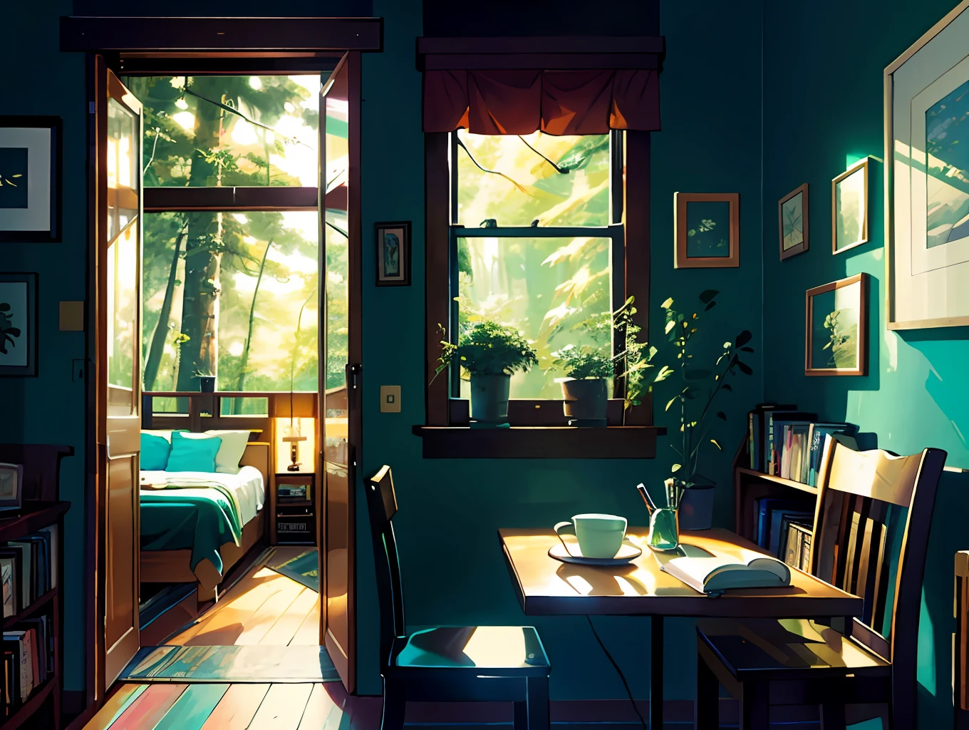 A cozy room, a table, a bed, a lot of books, paintings, a view from the window of a forest, a sea, happiness, full-color, multi-colored, artificial, the highest detail, super quality, small details, highlights, neon lights, a masterpiece