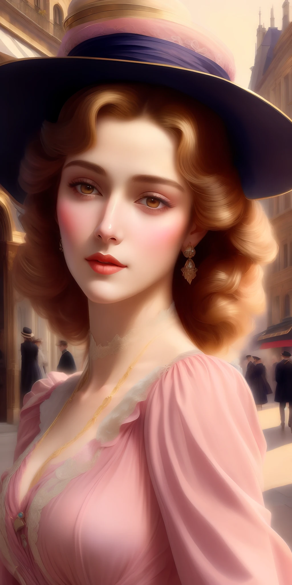 Painting, beautiful portrait, close-up, high resolution,8k,of a woman in a pink dress and hat walking down a street, Art by Edouard Bisson, ((Konstantin Razumov)), Konstantin Razumov, by Herbert James Gunn, Victorian lady, a beautiful Victorian woman, Victorian fantasy art, Herbert James Draper, dressed in Victorian clothes, Vittorio Matteo Corcos, beautiful character painting