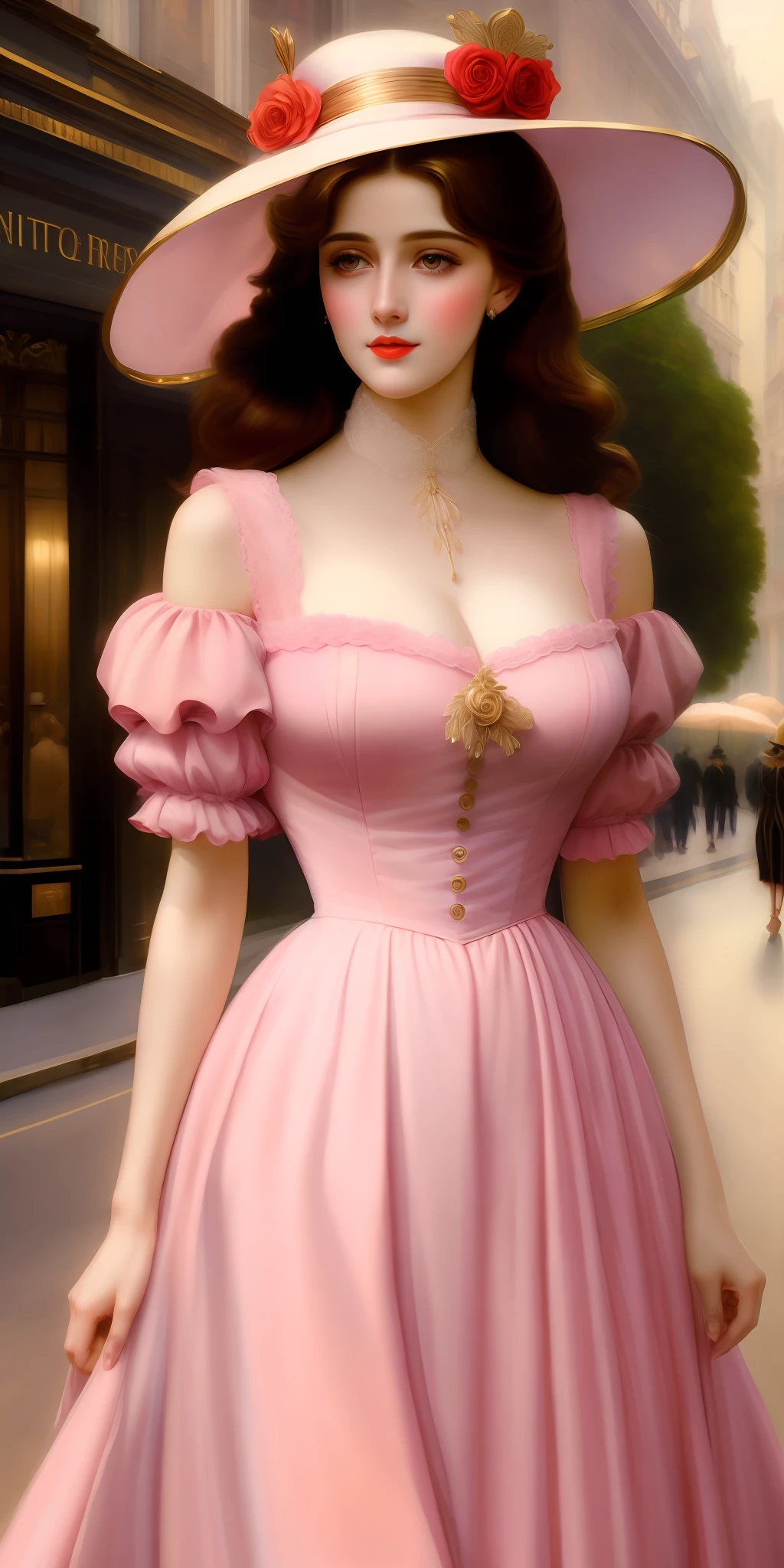 Painting, beautiful portrait, close-up, high resolution,8k,of a woman in a pink dress and hat walking down a street, Art by Edouard Bisson, ((Konstantin Razumov)), Konstantin Razumov, by Herbert James Gunn, Victorian lady, a beautiful Victorian woman, Victorian fantasy art, Herbert James Draper, dressed in Victorian clothes, Vittorio Matteo Corcos, beautiful character painting
