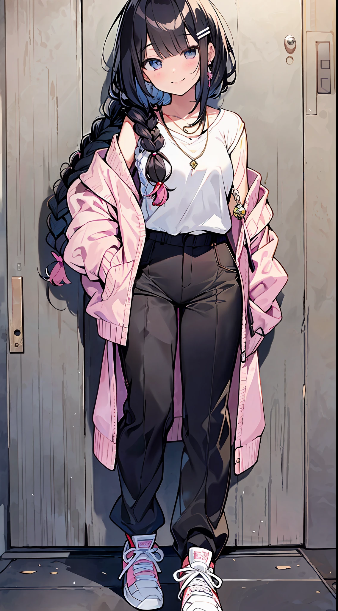 (incredibly absurdres absolutely resolution: 1.5), highest quality, masterpiece, ultra high resolution, 8k, (pale colored cardigan, sneakers, pants) BREAK shoujo manga style, (loli), soft line art, digital enhancement, shoujo manga touch, shojo manga core, (hair length to shoulder)))), ((( Short braid))) BREAK Soft drawing, beautiful black hair, clear eyes, (((smile, wink)), ultra-detailed digital anime art, clear face depiction, ultra-detailed shojo manga character art, clear facial features, manga style, top quality colors, angle that you can see to your feet, entangle, beautiful and aesthetic: 1.5, High quality:1.3