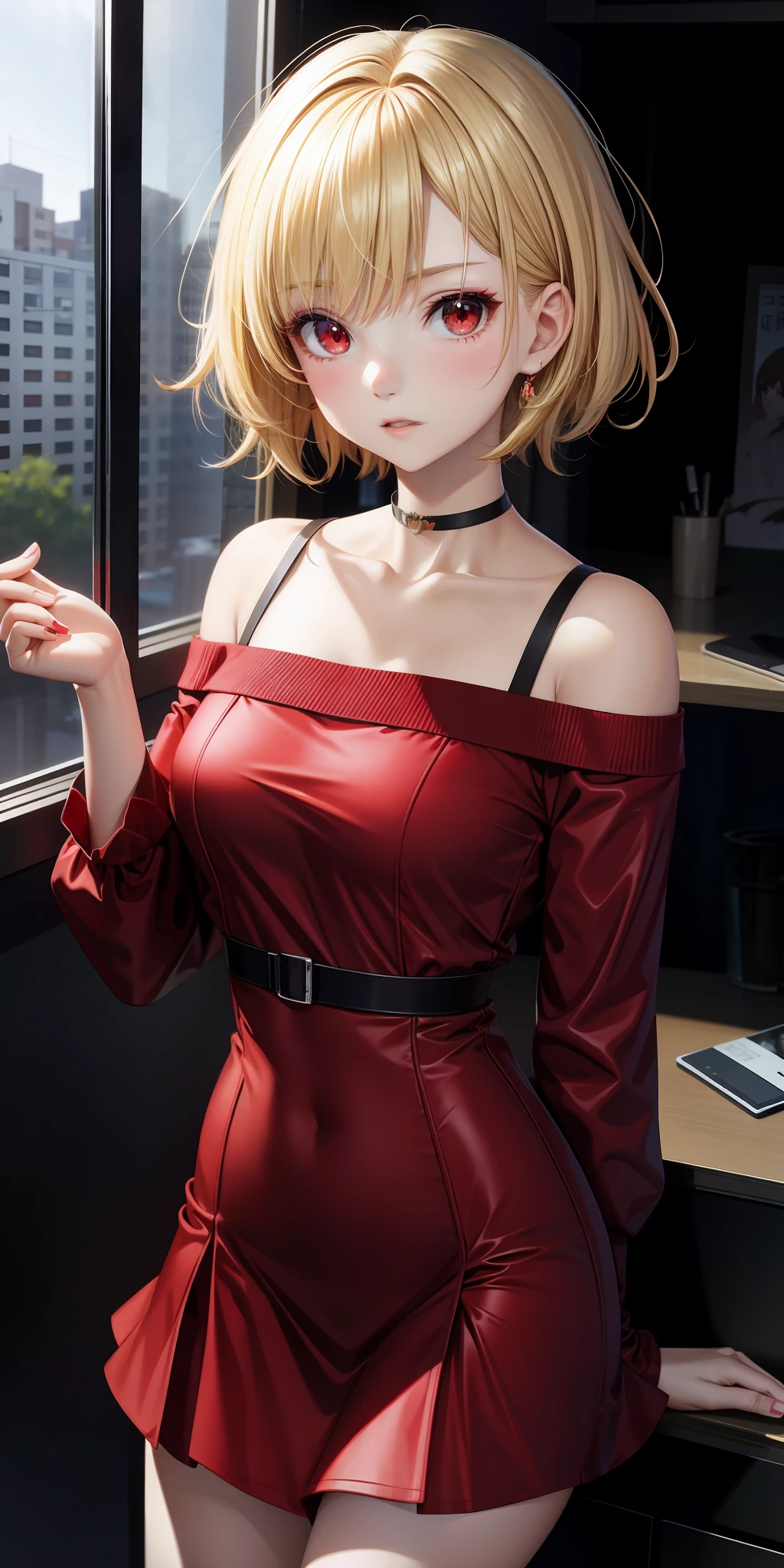 anime, single girl, blonde, short hair, red eyes, red dress, off shoulder