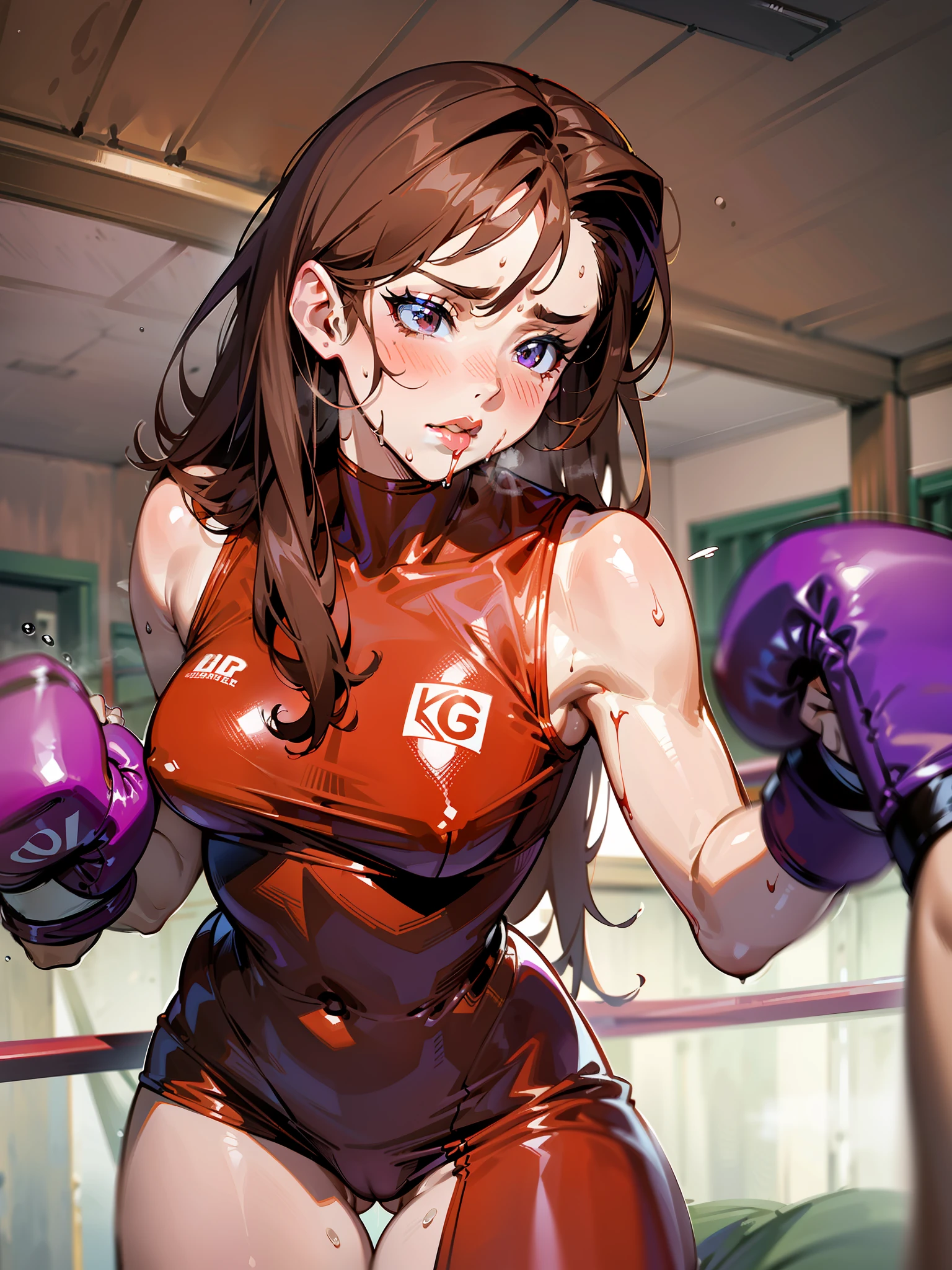 Red-brown hair, long hair, sexy lips, purple leotard, red lip, ((boxing gloves)), brown skin, two women, absent-minded, sweat and saliva all over the body, abdominal injury marks, serious damage, inferiority, on the verge of fainting, steaming, bedroom, punched by another dark-haired woman