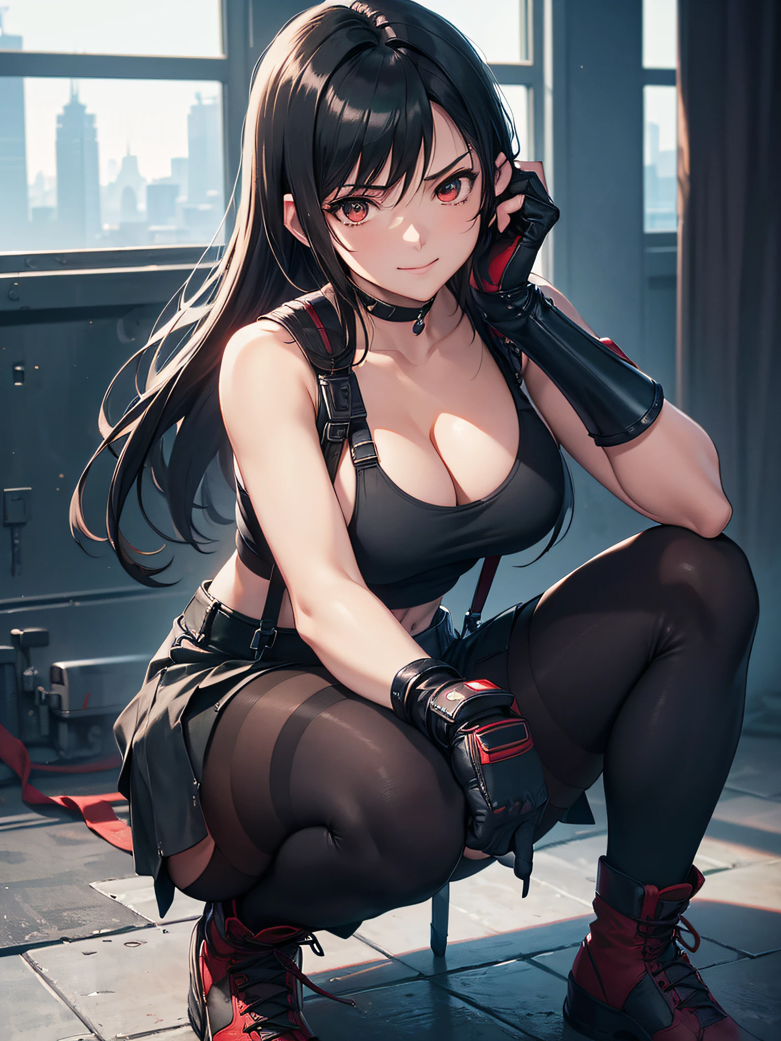 (8K, Best Quality, Masterpiece: 1.2), (Realistic, Photorealistic: 1.37), Super Detail, One Girl, Cute, Solo, (Tifa Lockhart), (Big Breasts), (Beautiful Eyes), (Smile: 1.2), Closed, Model Pose, (Green Neon), Cityscape, Depth of Field, Dark Strong Shadows, Sharp Focus, Motion Blur, Depth of Field, composition, Final Fantasy VII, dating, (nose brush), single elbow pads, ankle boots, black hair, red boots, elbow gloves, elbow pads, fingerless gloves, sports bra, black skirt (suspenders), white tank top: 1.5, full body, headrest, beautiful face, low tie long hair, (red_eyes), (night: 1.5), complex, Cinematic Lighting, Photon Mapping, Radiosity, Physically Based Rendering, (Tetsuya Nomura Style), Perfect Breast, Cleavage: 1.2,