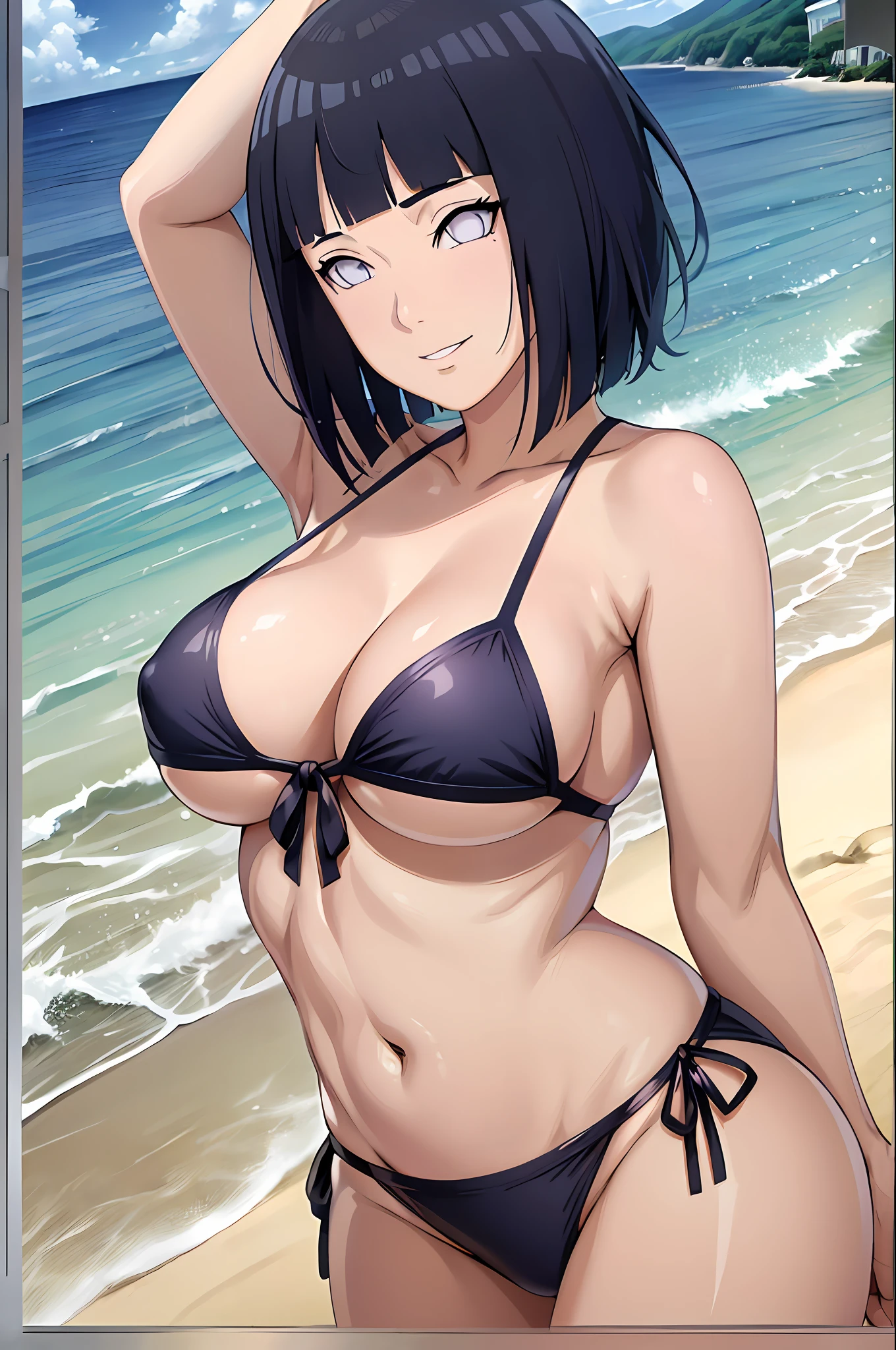 (masterpiece, 1k, anime style:1.9, bold drawing lines, plain, bare body, kiss blowing, less clothing, rough shadows, taking off shirt, bare shoulders, beach, sea, soaked, soaked face, polished nails, seductive, white micro bikini, no shirt, cute smile), hinata\(boruto\), mature female, standing, adjusting top, milf, (curvy:0.8), solo, short hair, hime cut, (dark blue hair color:1.1), white, big breasts, flat belly, perfect eyes, anime eyes, smoky eyeliner, eyeshadow, perfect face, shy, sharp focus, professional artwork, intricate details, colorful, vibrant colors, vivid colors, digital blending, ultra detailed body, ultra detail hair, ultra detail face, trending on pixiv, kind smile, happy, very hot colors, sunrays, leaning backward