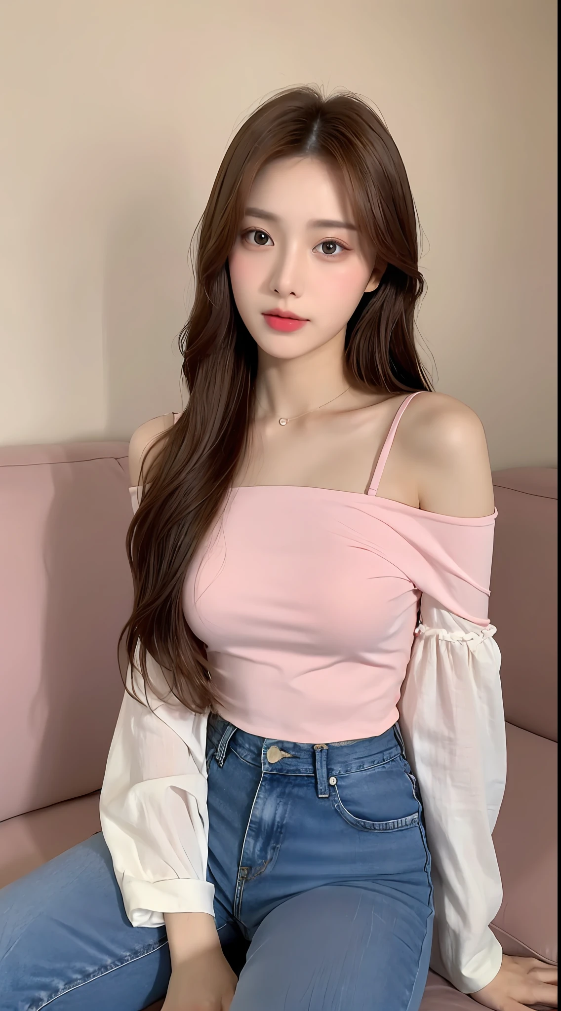 A beautiful girl about 20 years old, brown hair, delicate facial features, peerless beauty, wearing a pink and white French high-waisted top, wearing blue jeans, sitting on the sofa, full body photo