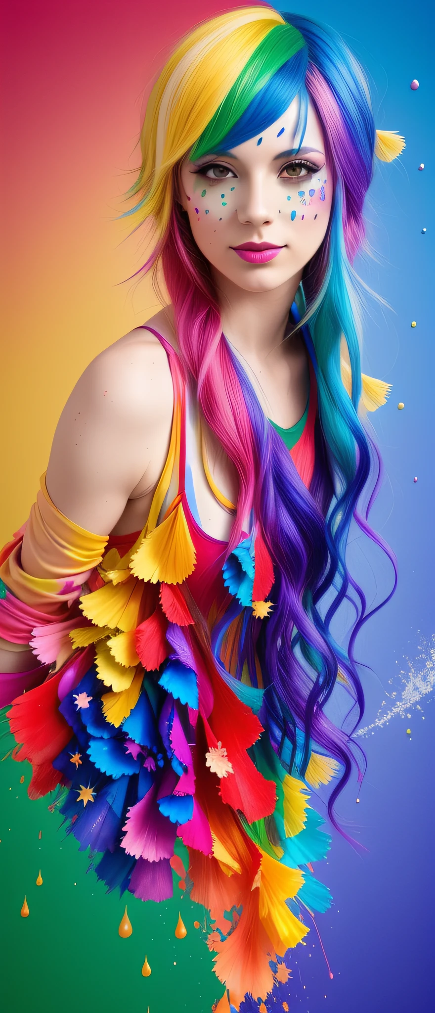 An adult woman with 45 years colored hair and a rainbow colored dress, dripping with color, fully covered in colored paint, color photo, explosion of colors, full of colors, colorful colors, colorful, beautiful and colorful, colorful, splashes of colors, colorful, colored ink, color photography, splashes of color, splashes of rainbow paint, philosophical splashes of colors with the flag of Brazil